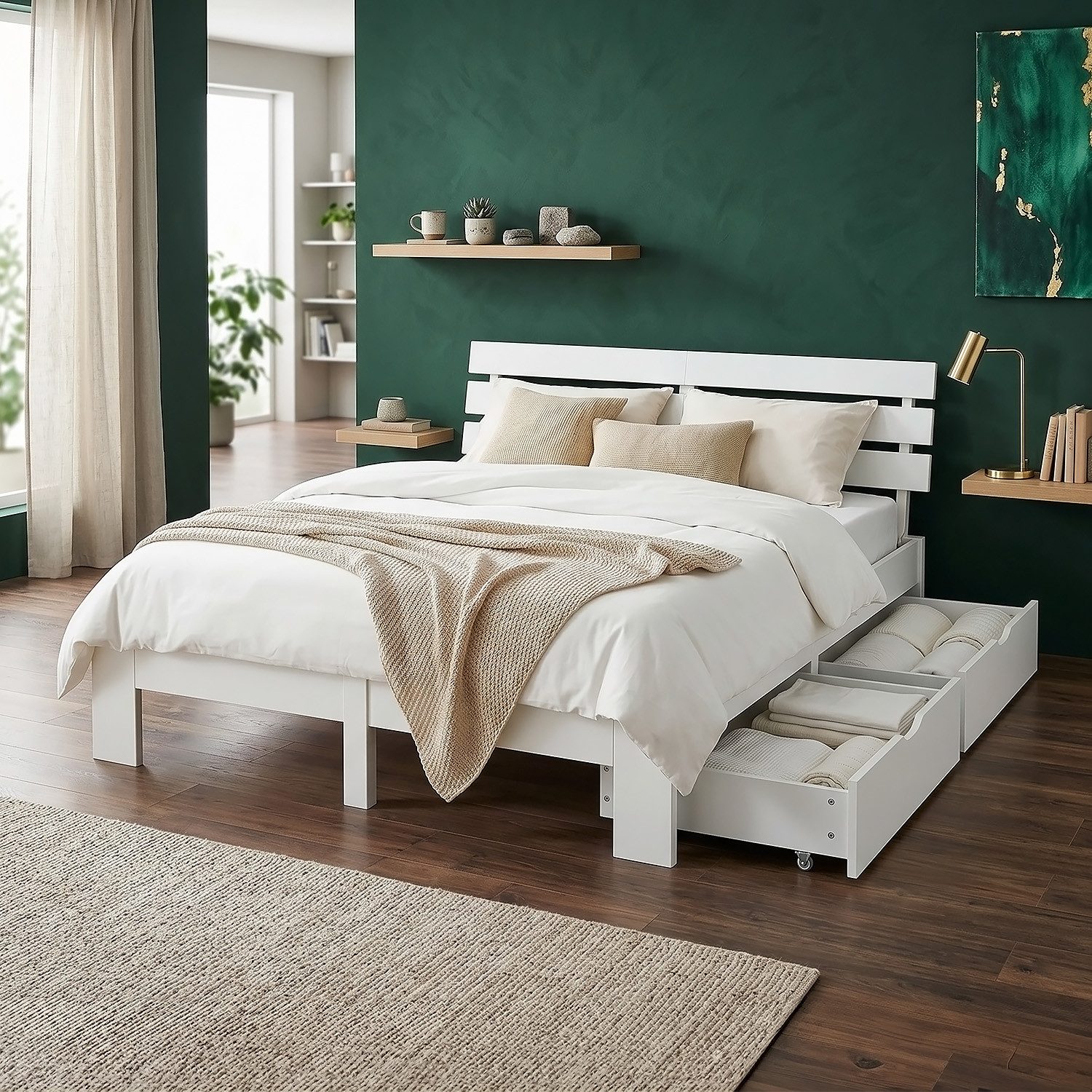 Homestyle4u Holzbett 90x200 140x200 160x200 180x200 Bettkasten Lattenrost Natur Weiß Grau (Set, Schublade), 140x200, Kiefer, mit Stauraum, Weiß, schlicht