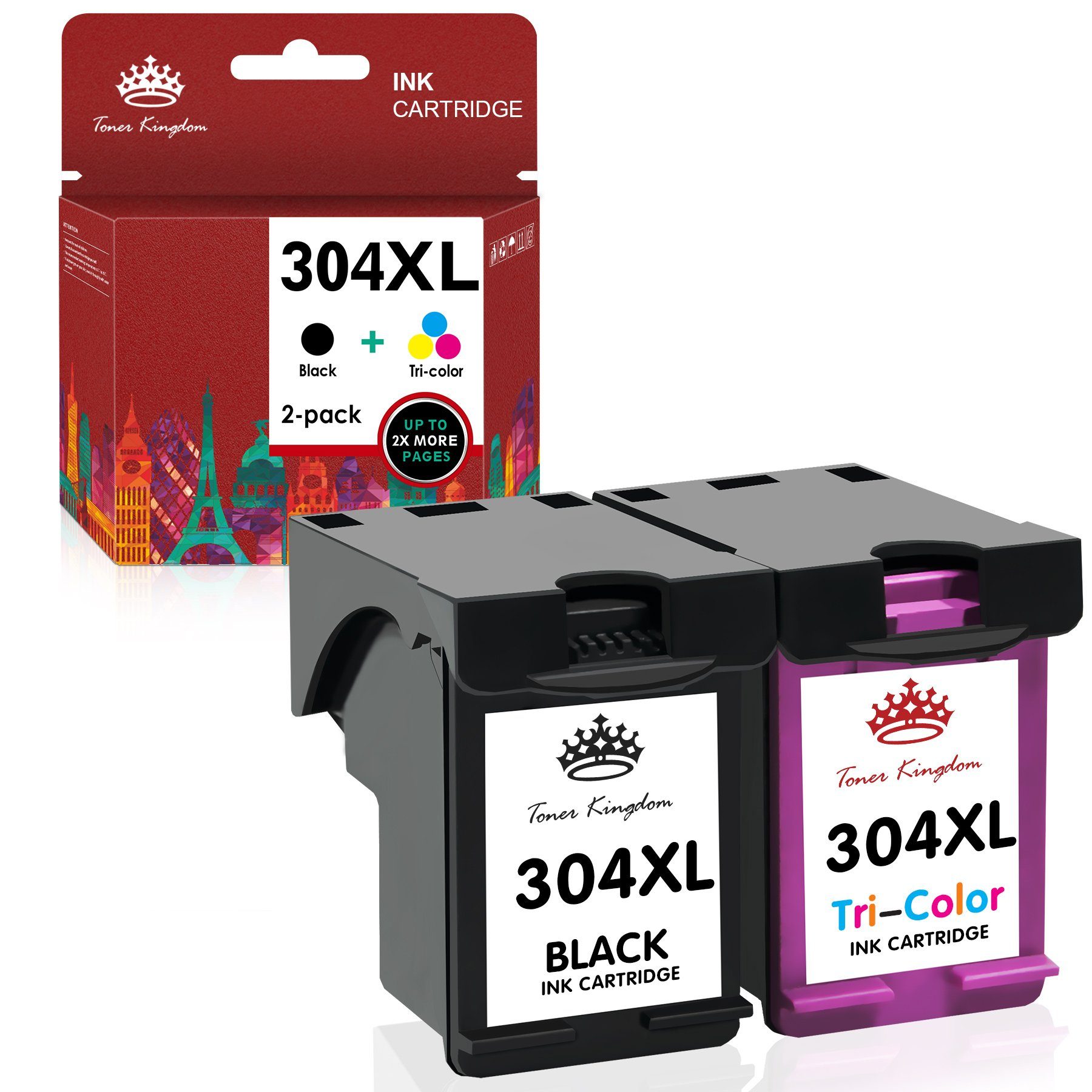 Toner Kingdom 304XL Deskjet Tintenpatrone Farbe, 304 Druckerpatronen (2er-pack für 2622 2632 2633 + HP304 XL Schwarz 2630 304 HP 2634)