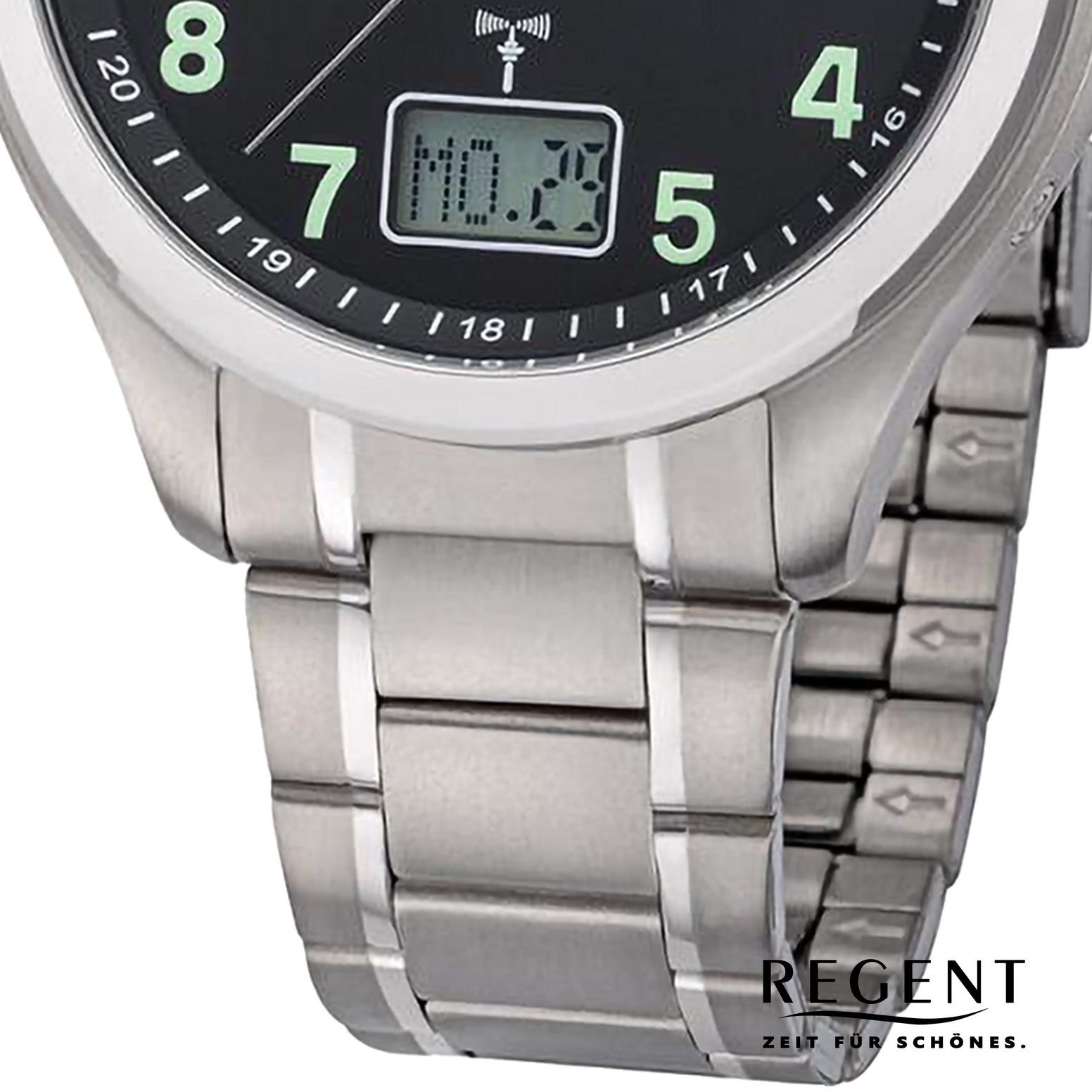 Regent Funkuhr Regent Herren Funkuhr Analog-Digital, Herren Funkuhr rund,  extra groß (ca. 42mm), Titanarmband, Titangehäuse