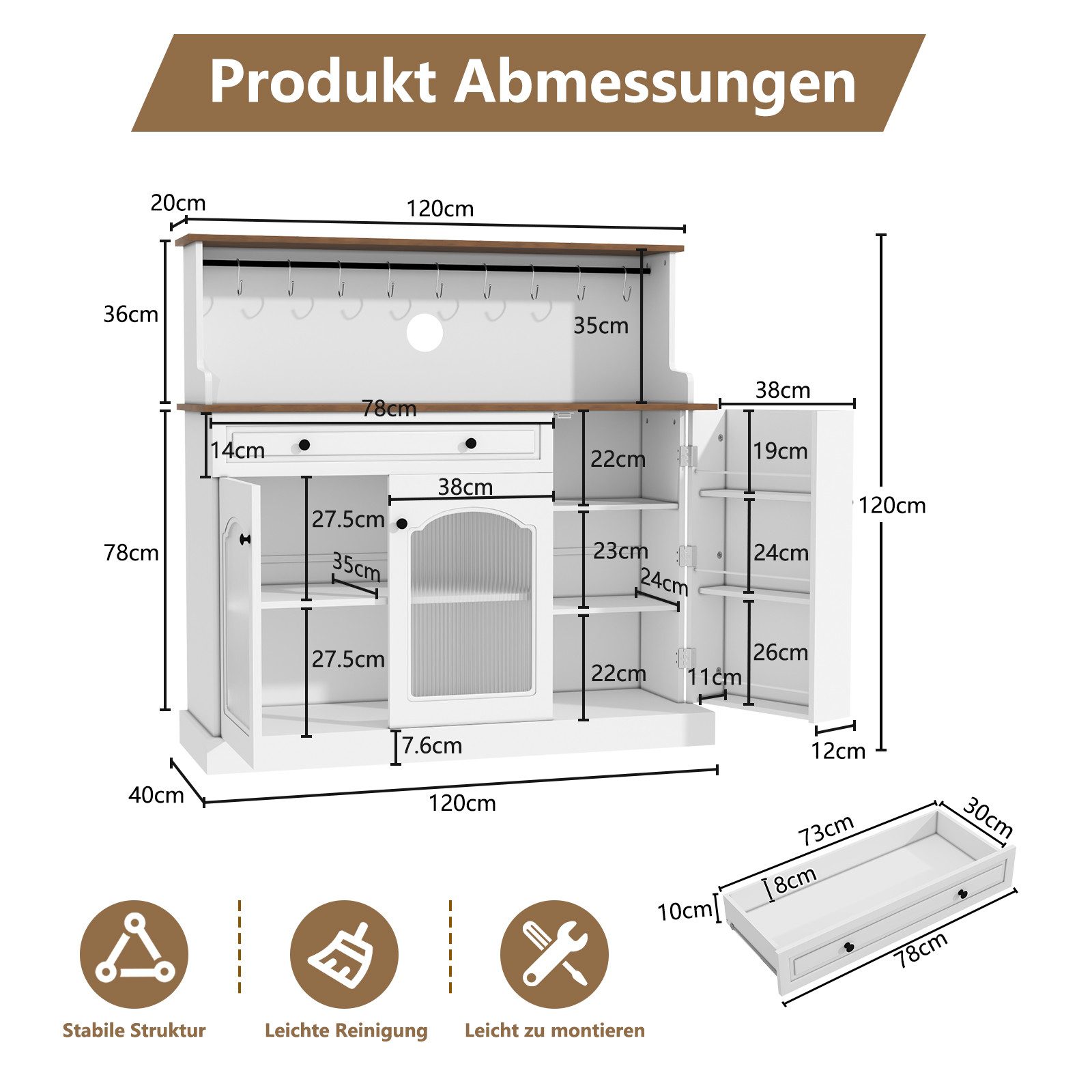HOLTICO Sideboard Küchenschrank mit Arbeitsplatte, Küchenbuffet Buffetschrank (1 St), Weinschrank mit Schublade und Oberer Ablage