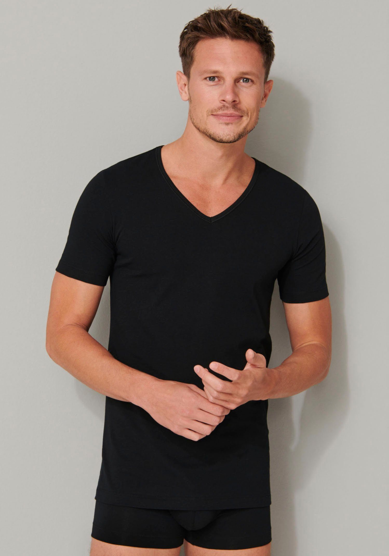 Schiesser V-Shirt schwarz mit (2er-Pack) V-Ausschnitt