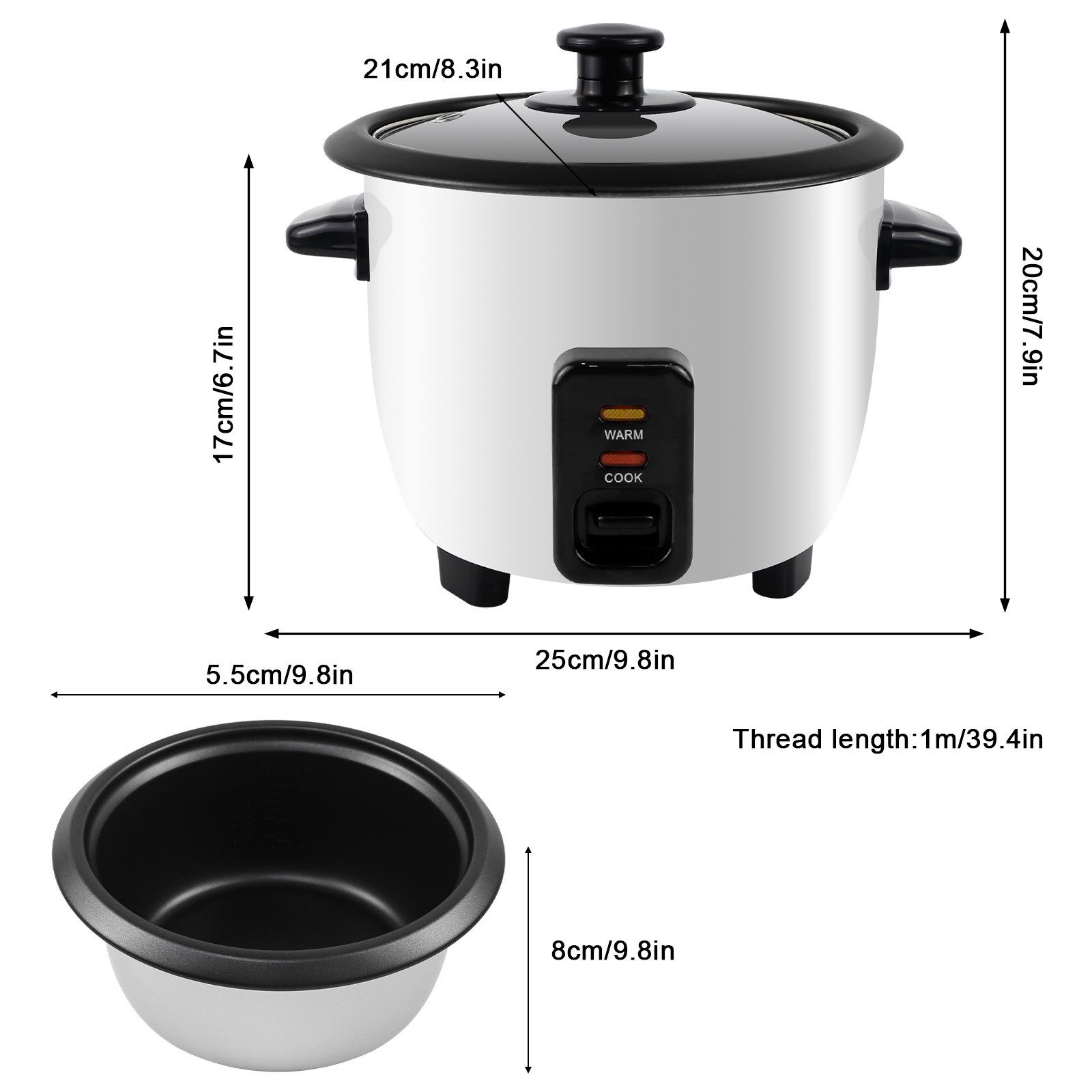 OZAVO Reiskocher 0,6L, Reiskocher Klein rice cooker mit Warmhaltefunktion, 300 W, reiskocher mini für 1-2 Personen mit Deckel, Messbecher und Löffel