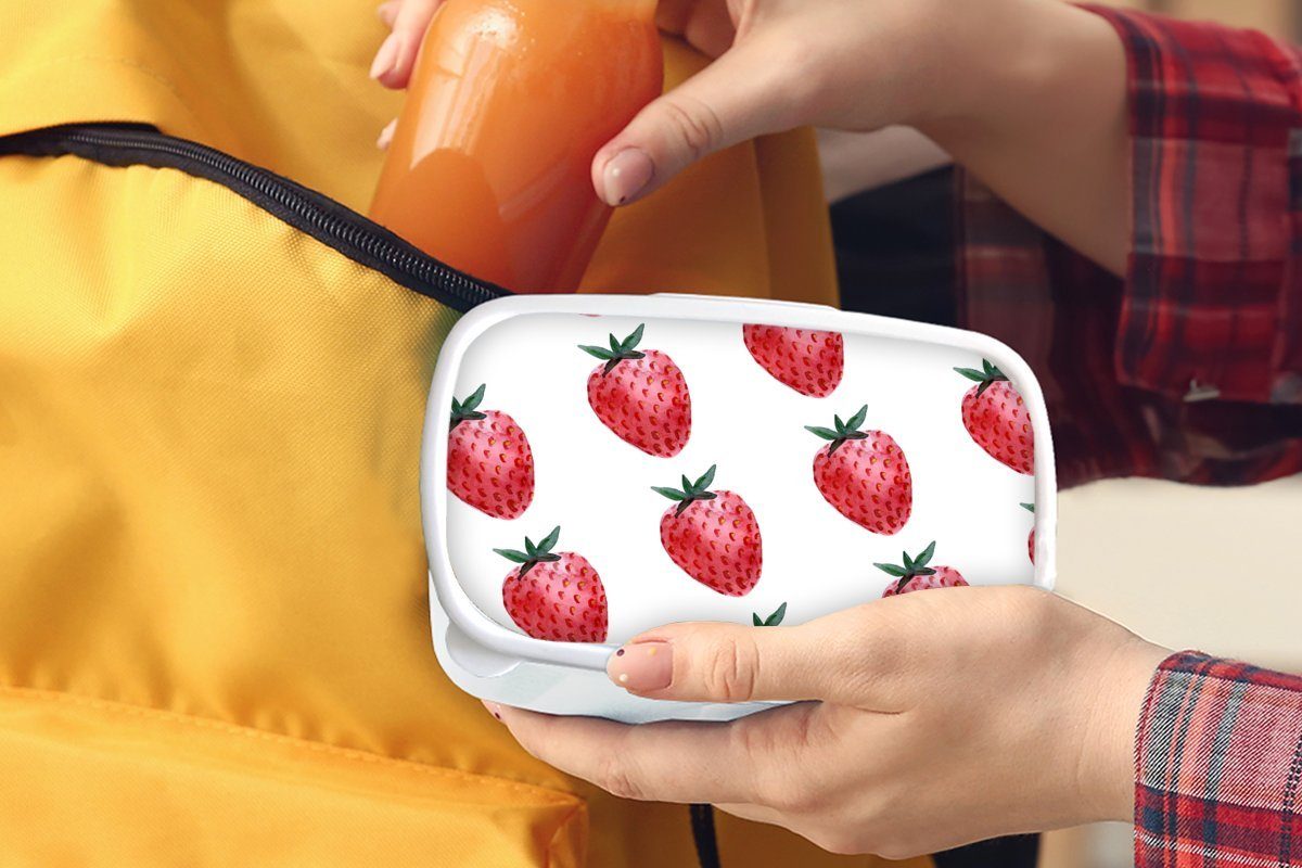 - (2-tlg), weiß und Jungs Kinder Mädchen Lunchbox MuchoWow Erdbeere Brotdose, - für Erwachsene, Muster und Aquarell, Brotbox Kunststoff, für