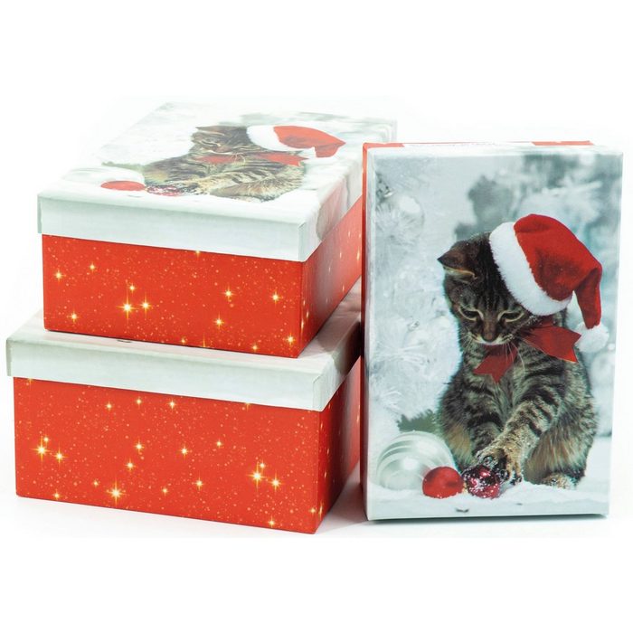 NOOR LIVING Organizer (Set 3 St) Aufbewahrungsbox mit weihnachtlichem Katzenmotiv