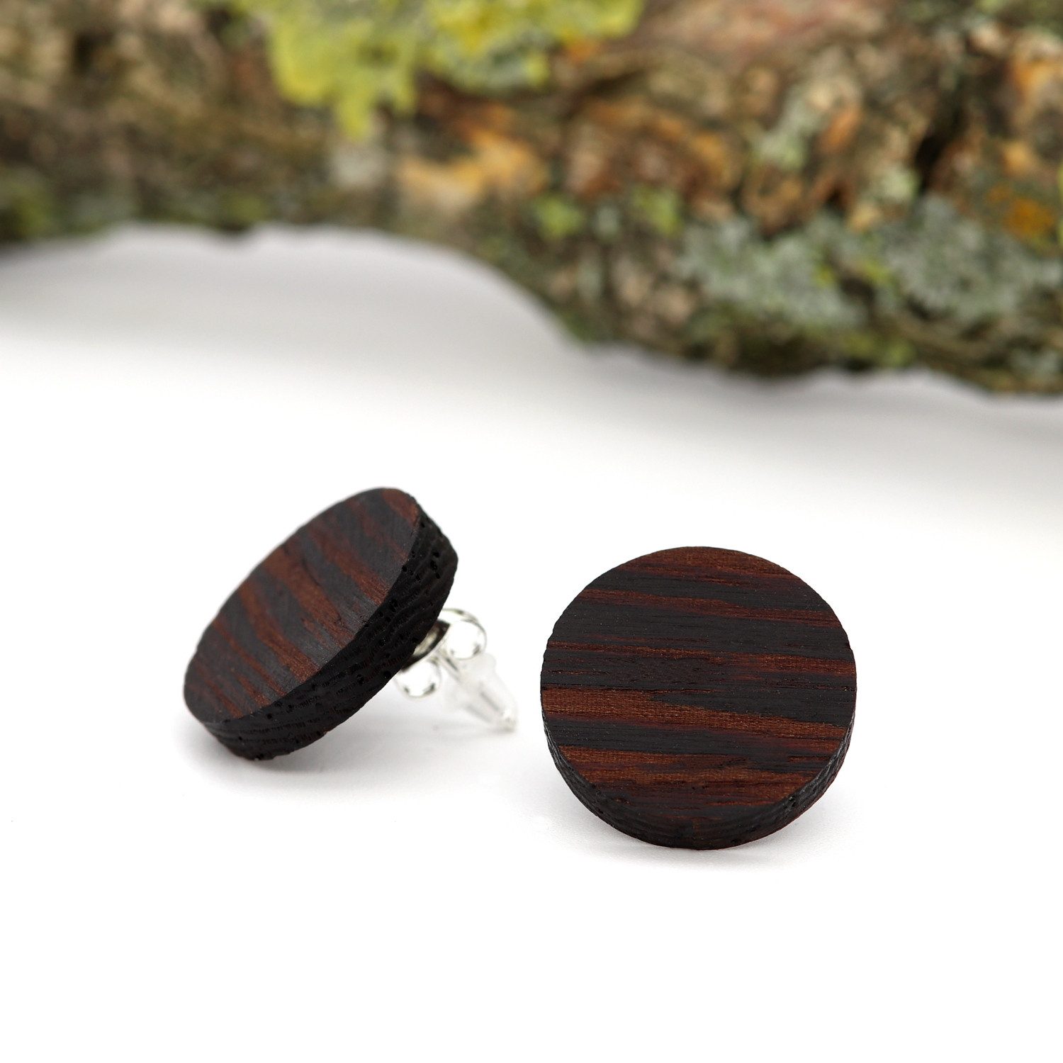 NaturSchatulle Paar Ohrstecker Holz Kreis (Zebrano-, Wenge- und Nussbaumholz, Holzohrringe, Holzschmuck), 925 Silber 17mm Holz Handmade in Germany Nachhaltig