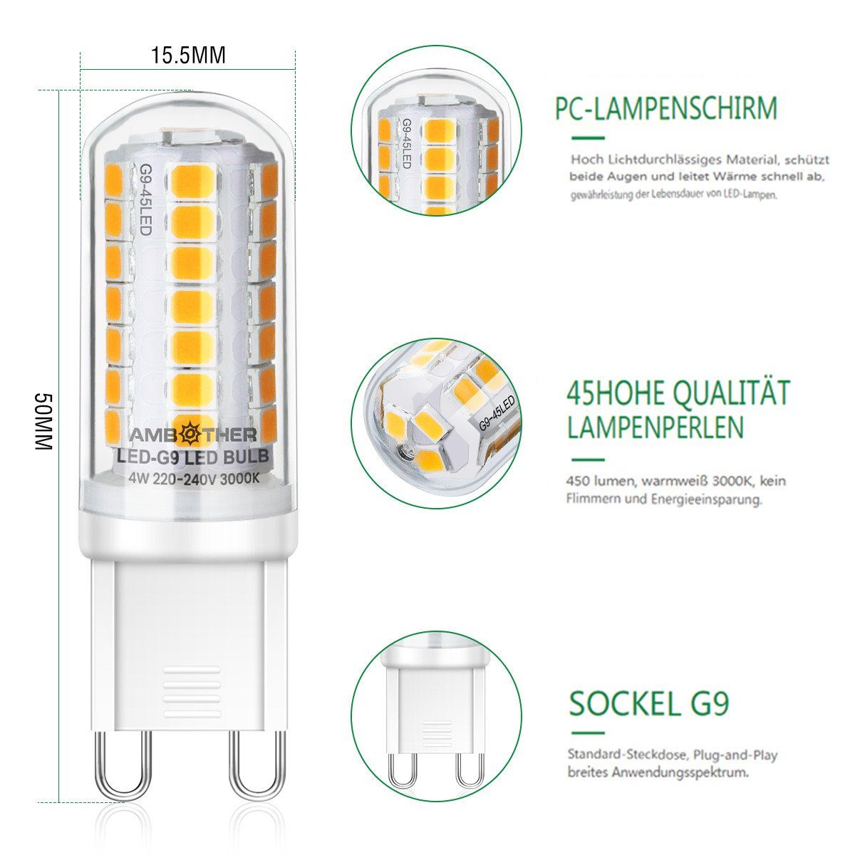 G9 Leuchtmittel 450LM LED 5er Glühbirne 4W Flutlichtstrahler, Warmweiß Halogenlampe Insma