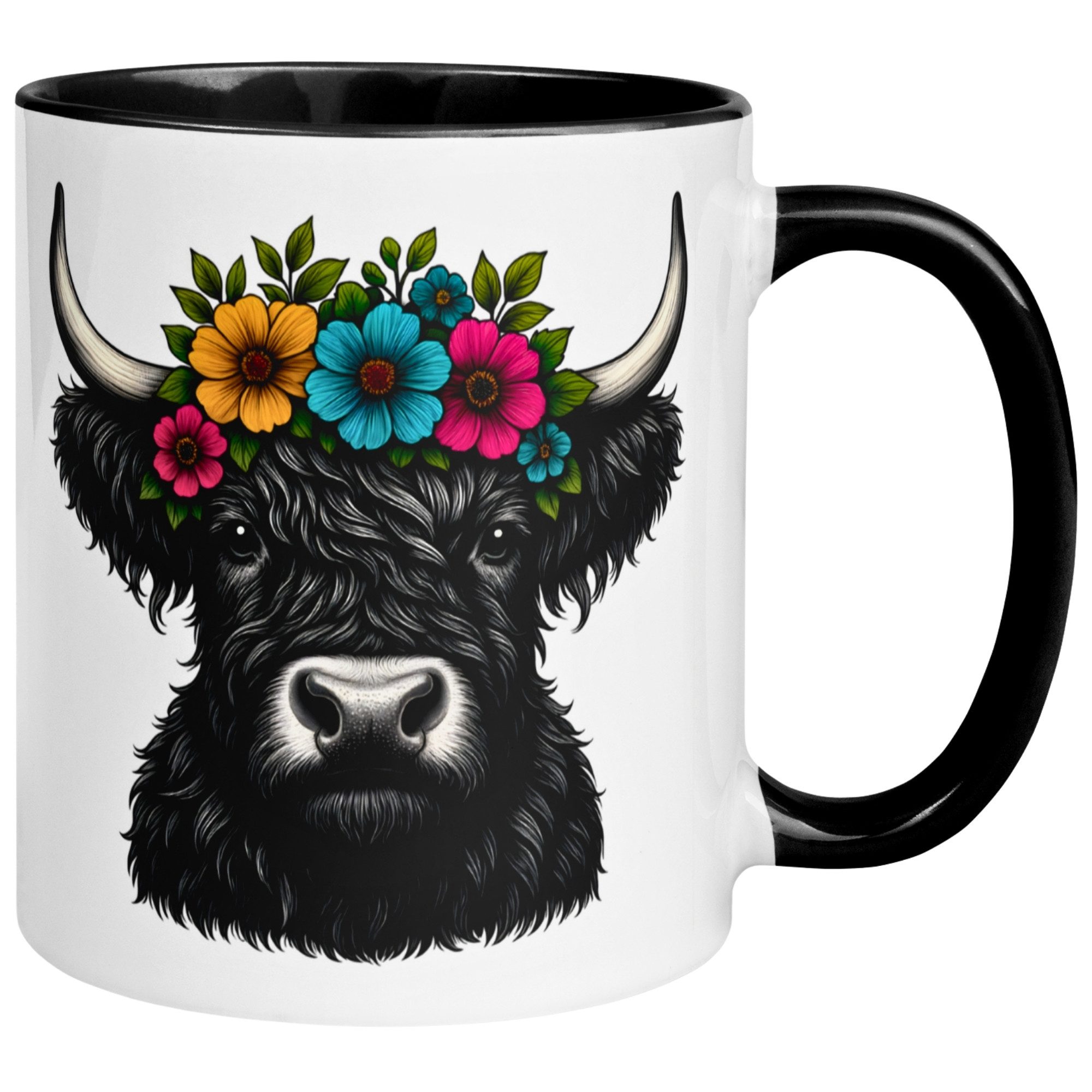 Momentals Tasse Kuh – „Highland Rind mit Blumenkranz“ – Geschenk Becher Rinder Fans, Gratis Versand · Links-&Rechtshänder · Spülmaschinenfest