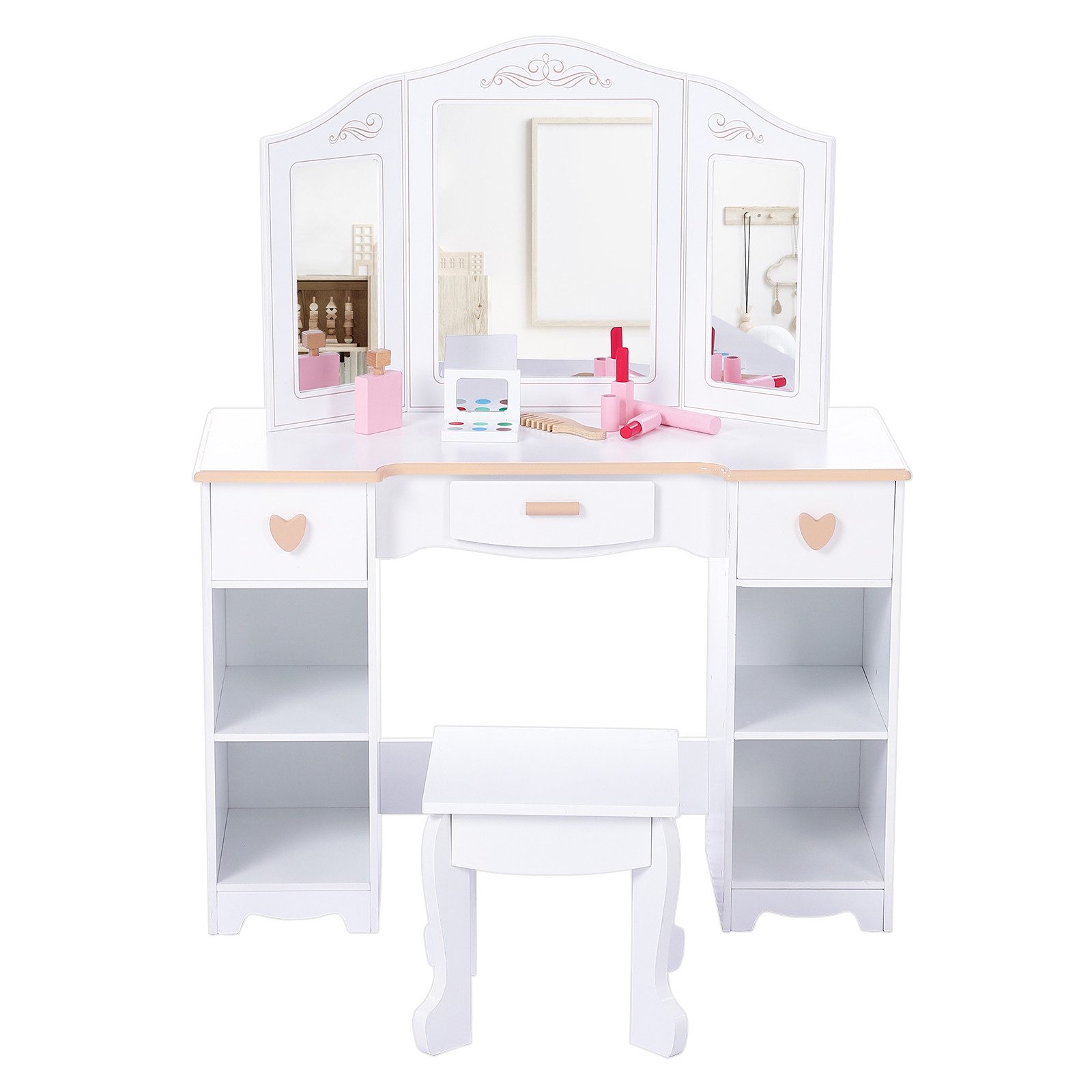 GarveeMore Schminktisch mit Hocker & Spiegel & Schubladen & Aufbewahrungsfach für Kinder, abgerundete Ecken, für Schlafzimmer, Kinderzimmer