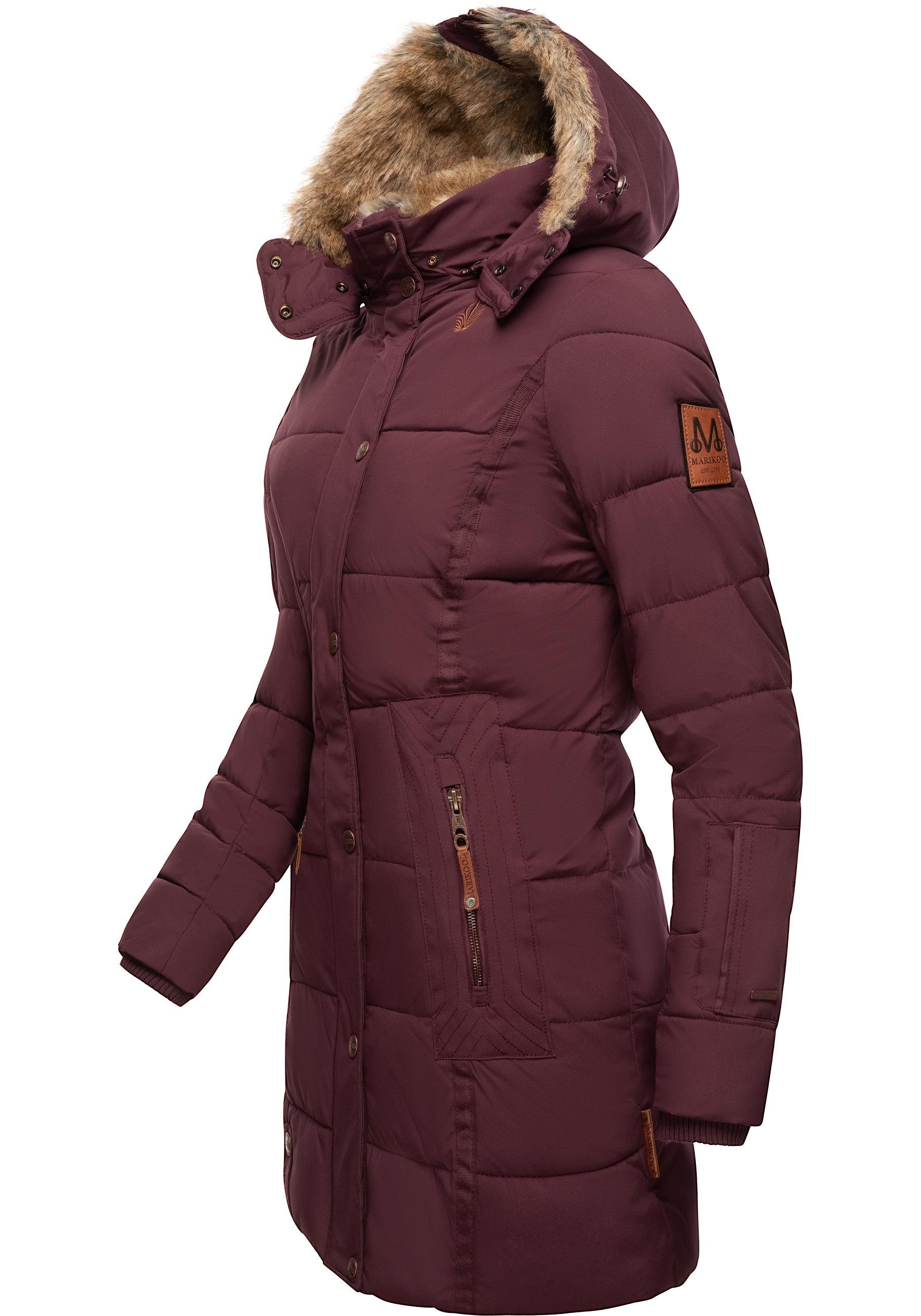 Marikoo weinrot Steppmantel Wintermantel m. Winter Jacke Lieblings Kunstpelz-Kapuze stylischer