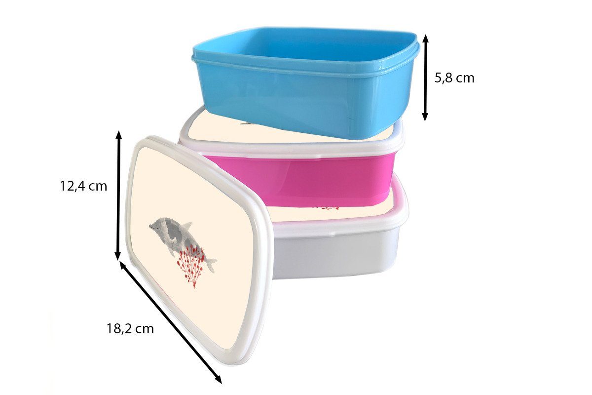 MuchoWow Lunchbox Delfin - - Jungs Kunststoff, für für (2-tlg), Brotbox Brotdose, Pflanzen und weiß Erwachsene, und Mädchen Kinder Aquarell