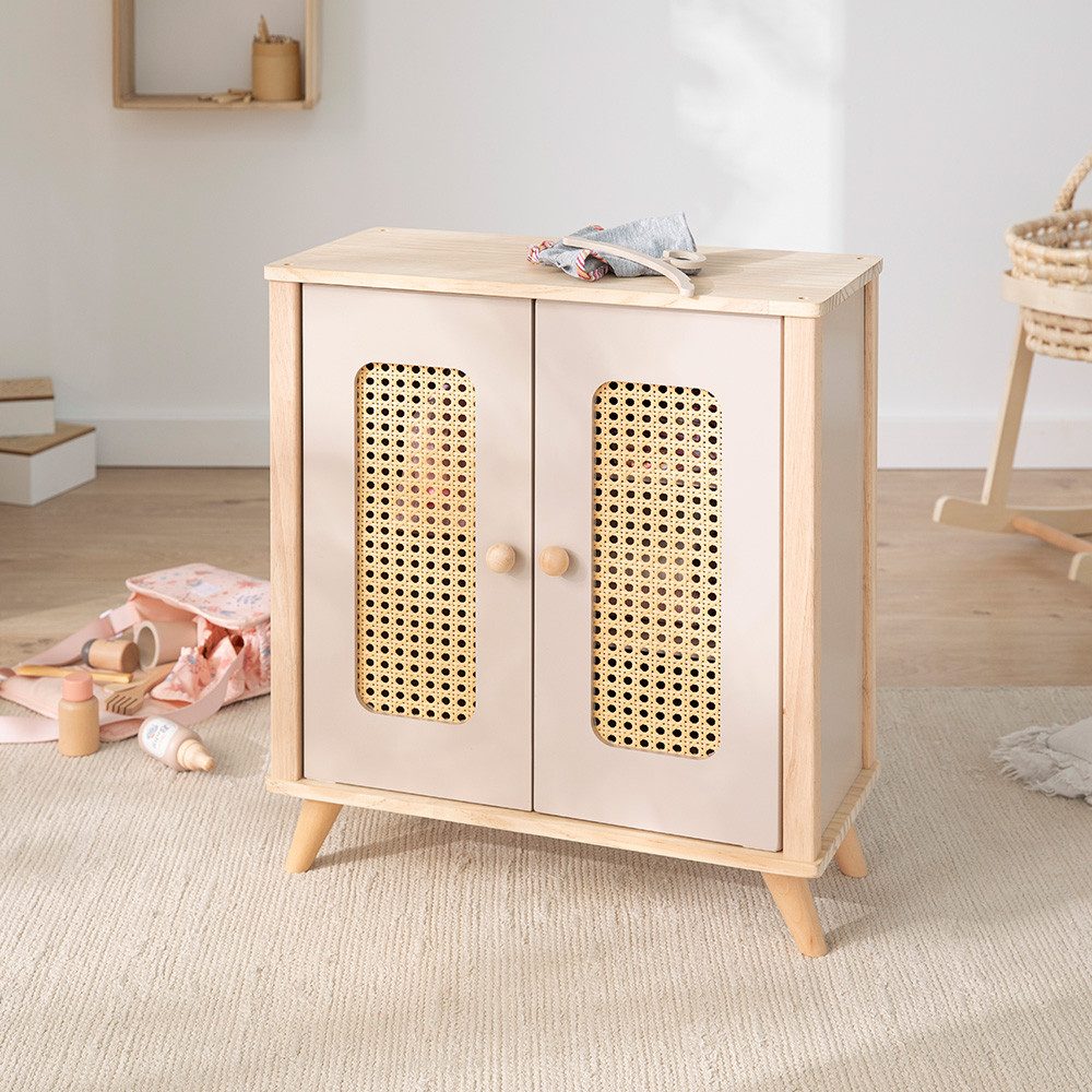 howa Puppenkleiderschrank miniflowers, aus Holz, Puppenmöbel mit Kleiderstange, Regalen und 3 Kleiderbügeln