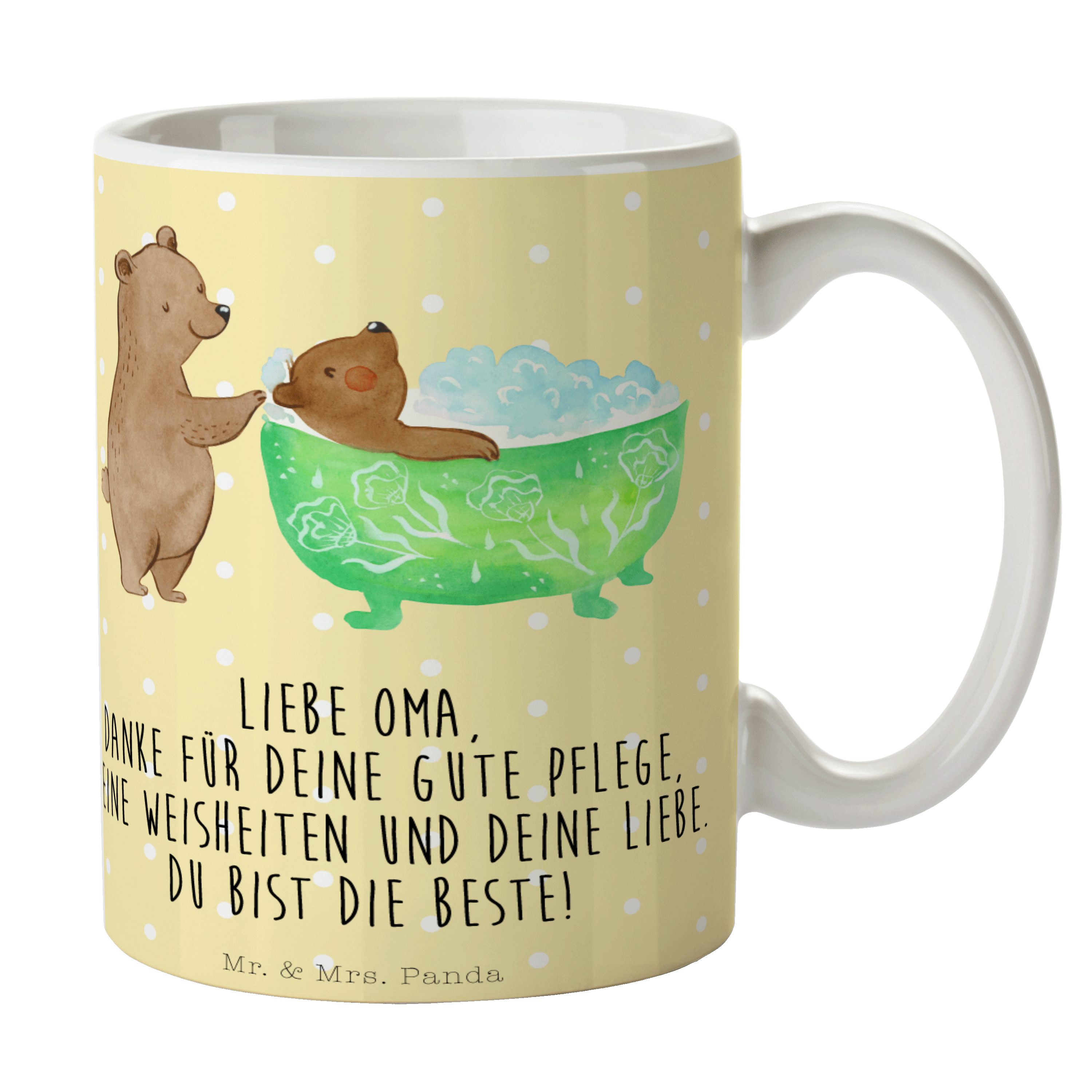 Mr. & Mrs. Panda Tasse Oma Baden, Kaffeebecher, Gelb Pastell, Teetasse, Tasse, Bären, Liebe, Keramik, Tasse mit Motiv Sprüchetasse milchtasse
