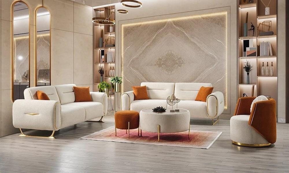 JVmoebel Sitzgruppe Weißes modernes Wohnzimmer-Set 3+3+1-Sitzer Stoffsofas & Sessel, (3-tlg)