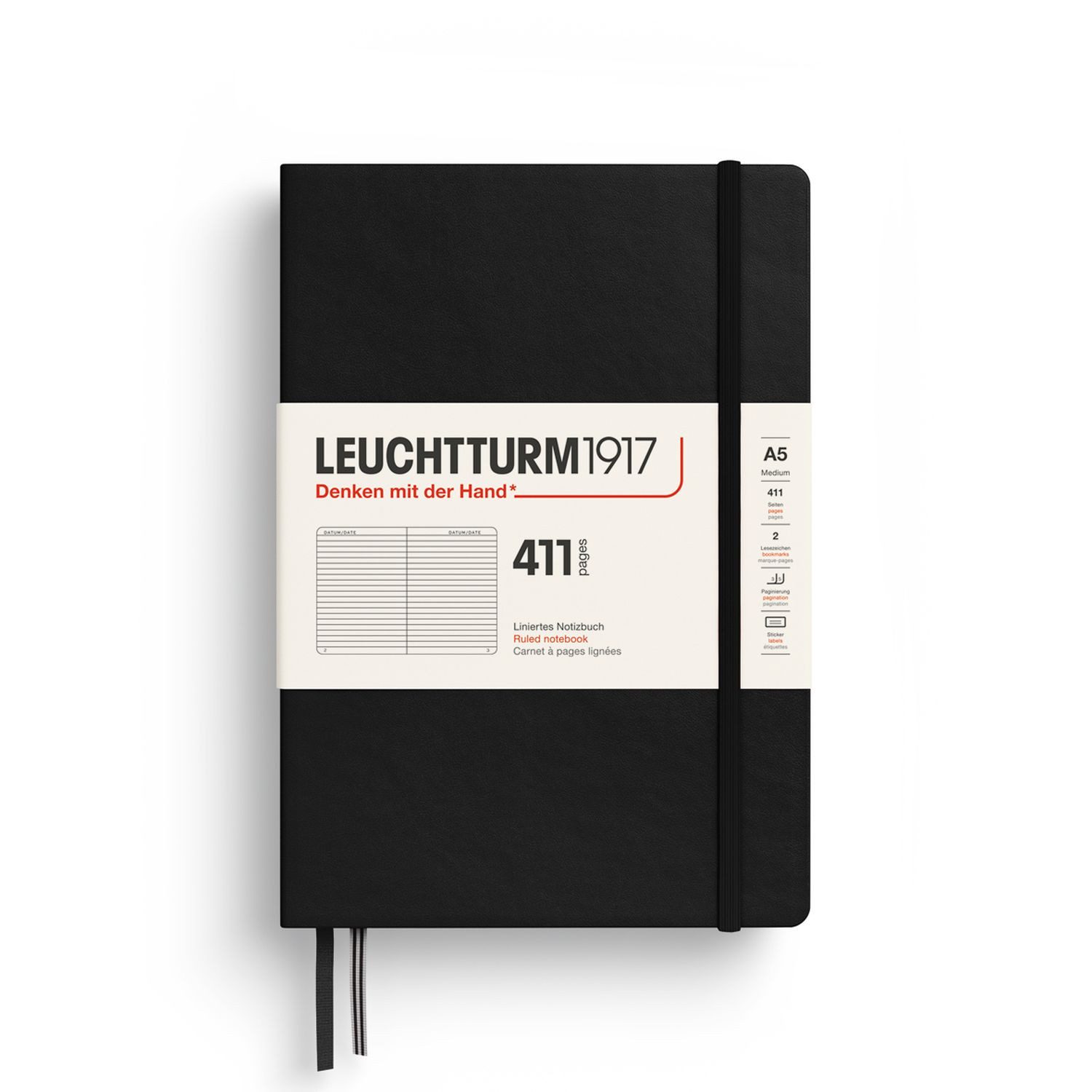 Leuchtturm1917 Notizbuch 411 Medium A5 Hardcover Schwarz Liniert
