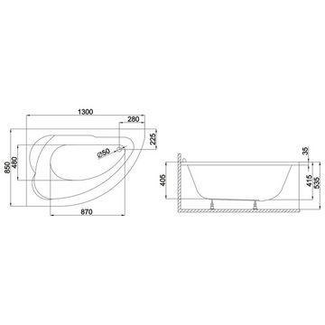 KOLMAN Badewanne Eckbadewanne Standard 135x85, (Links/Rechts), Acrylschürze Styroporverkleidung, Ablauf VIEGA & Füße GRATIS