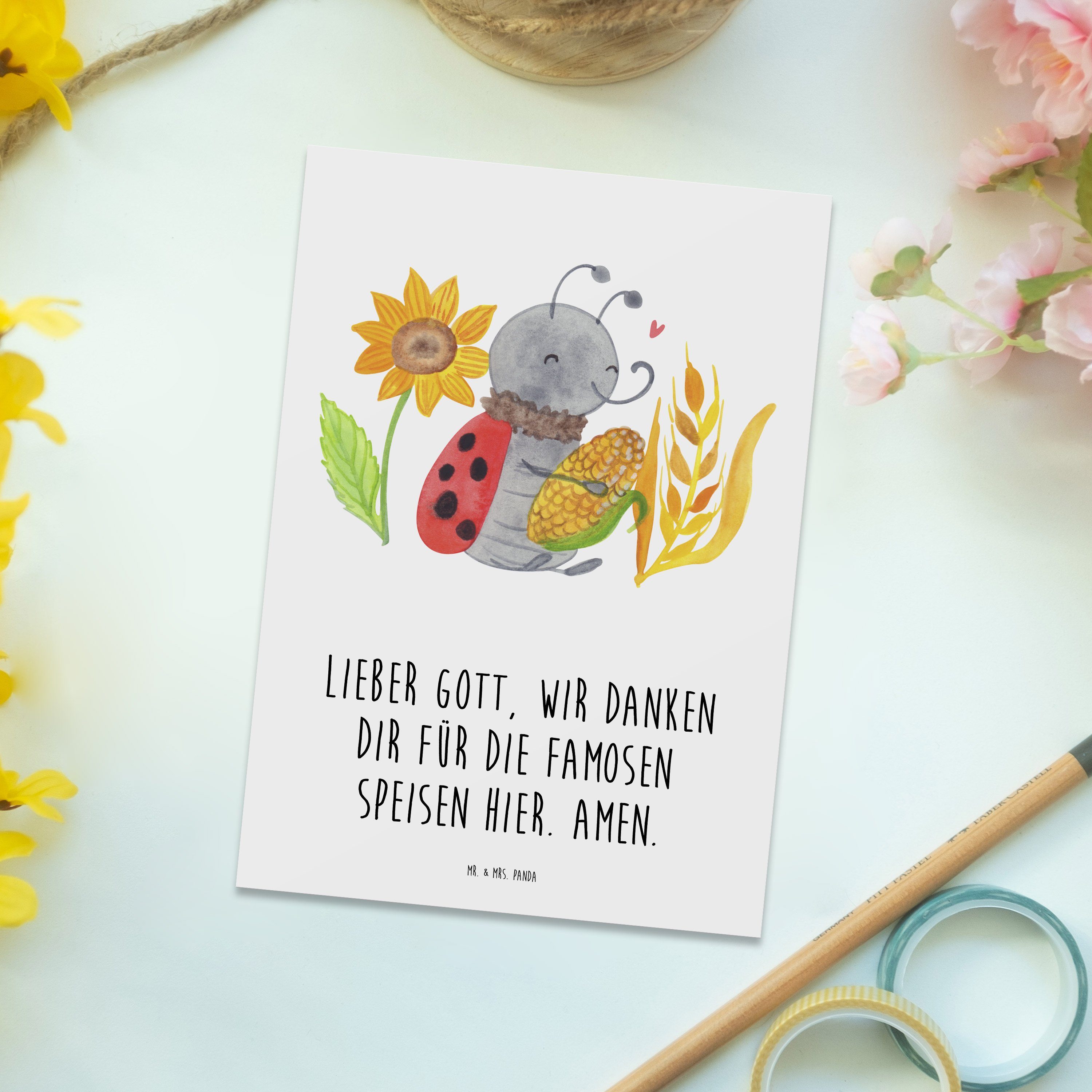 Mr. & Mrs. Panda Postkarte Erntedank Smörle - Weiß - Geschenk, Maiskolben, Dankeskarte, Grußkart