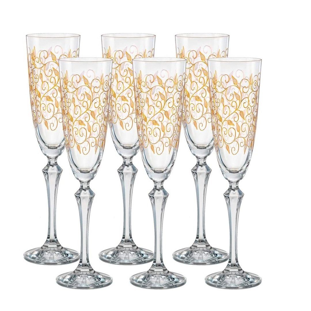 Crystalex Sektglas Leaves Gold 200 ml Sektgläseer 6er Set, 6-tlg., Kristallglas, Gravur Gold, Kristallglas