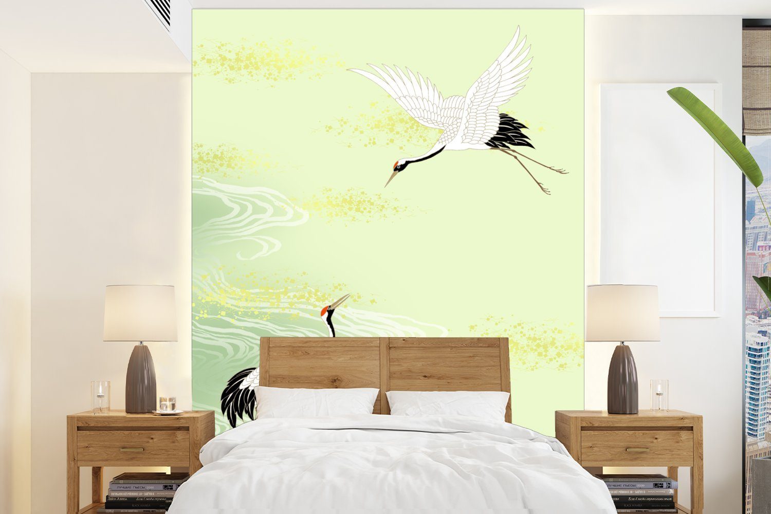 MuchoWow Fototapete Illustration eines chinesischen Kranichs vor einem bunten Hintergrund, Matt, bedruckt, (4 St), Montagefertig Vinyl Tapete für Wohnzimmer, Wandtapete
