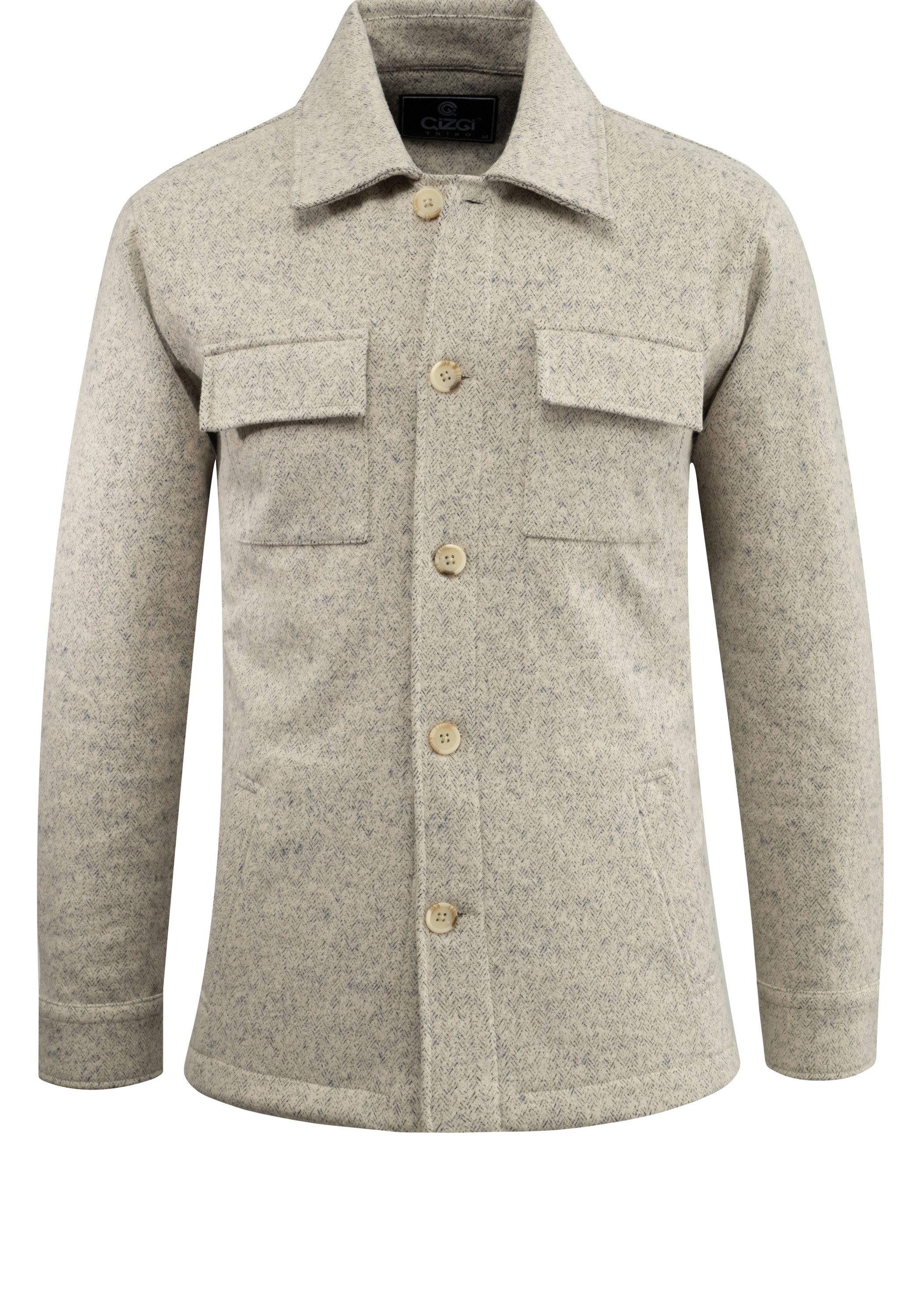 Cizgi Triko Blouson mit Fischgratmuster und Hornknöpfen