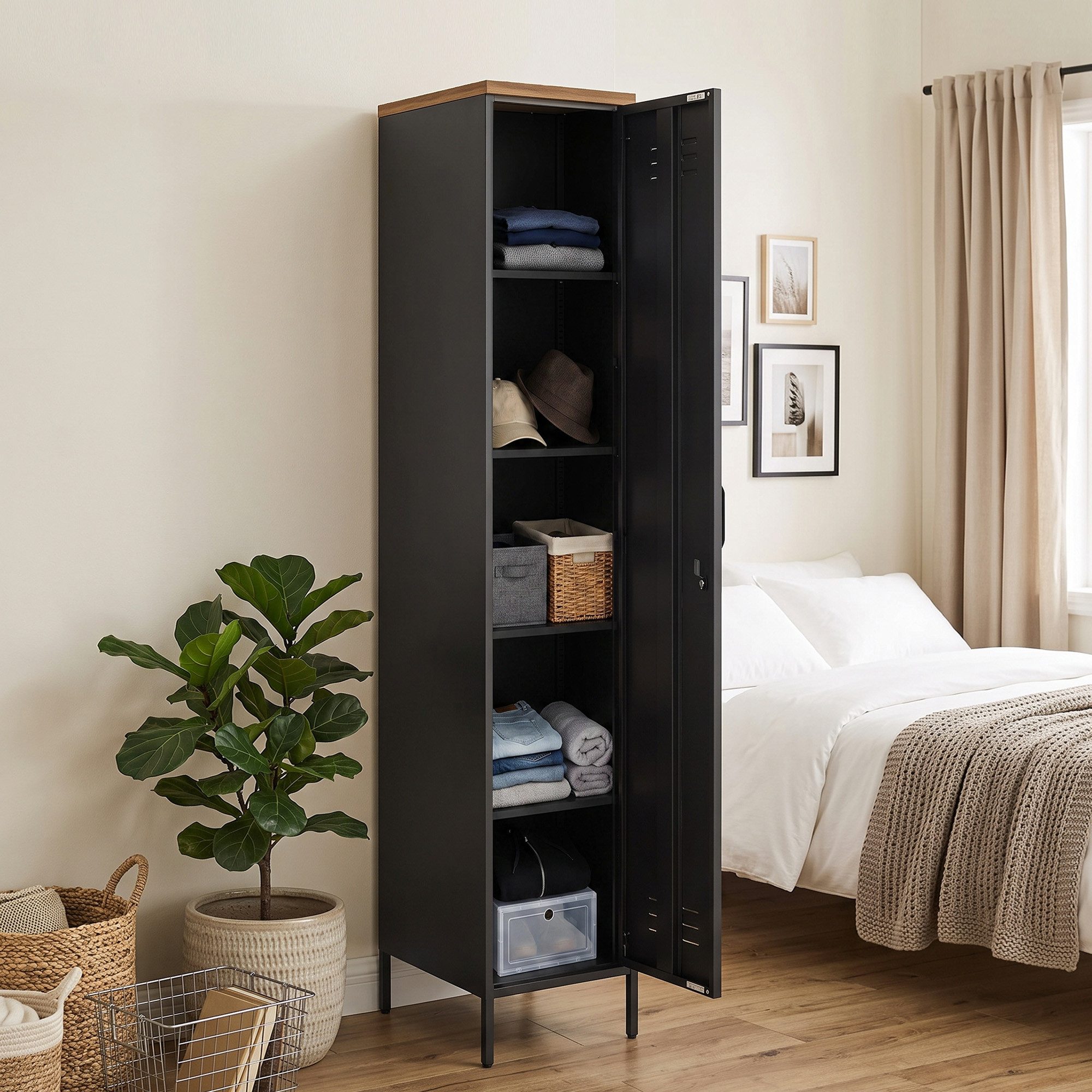 OKWISH Kleiderschrank Industrieller Metallschrank mit verstellbaren Böden Schwarz (Packung, 1-St., Stahlmöbel mit praktischem Stauraum und modernem Design) Aufbewahrungsschrank für Schlafzimmer, Garage und Büro