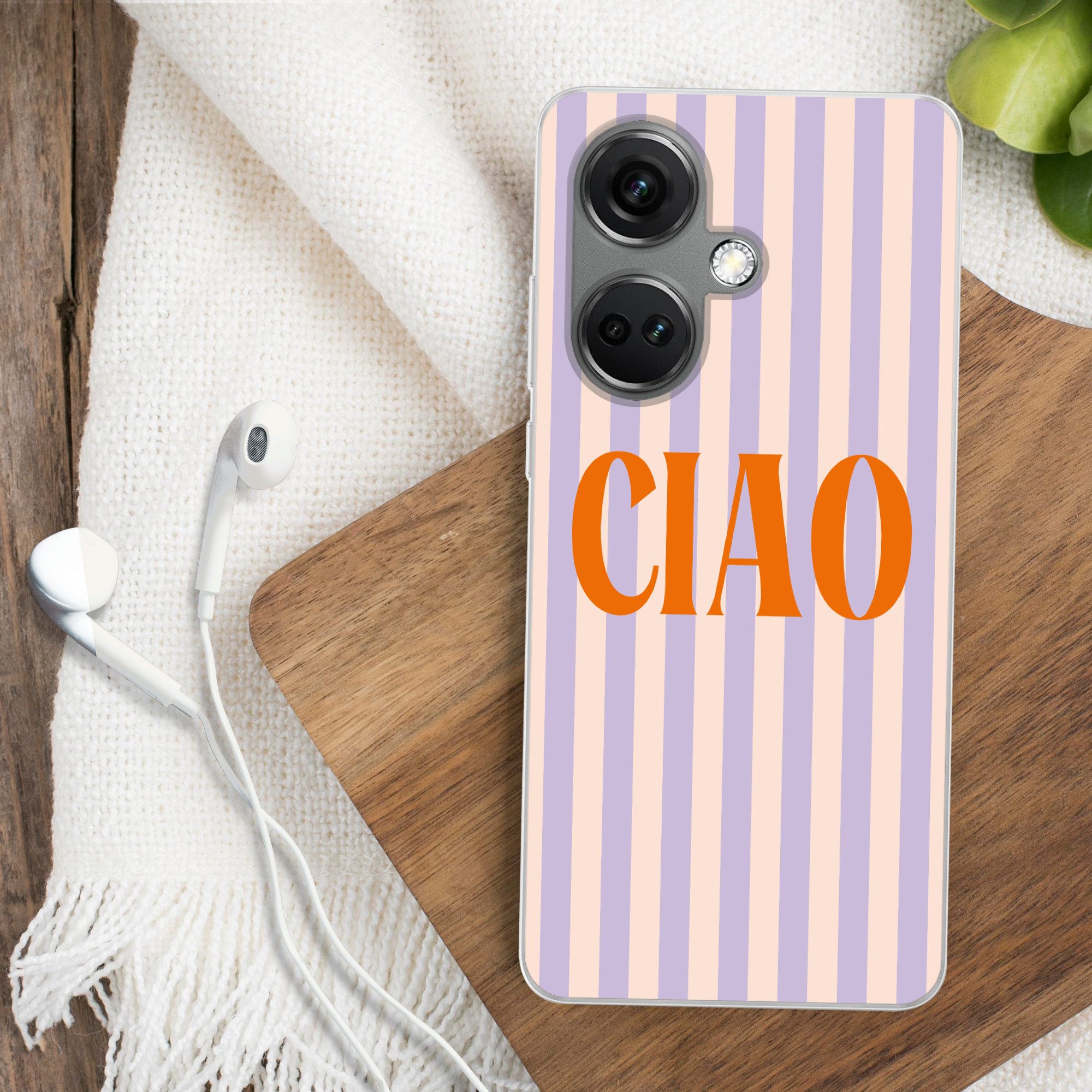 MuchoWow Handyhülle für OnePlus Nord CE 3 5G Ciao - Zitat - Pastell - Streifen, Phone Case, Silikon, Schutzhülle Dünn