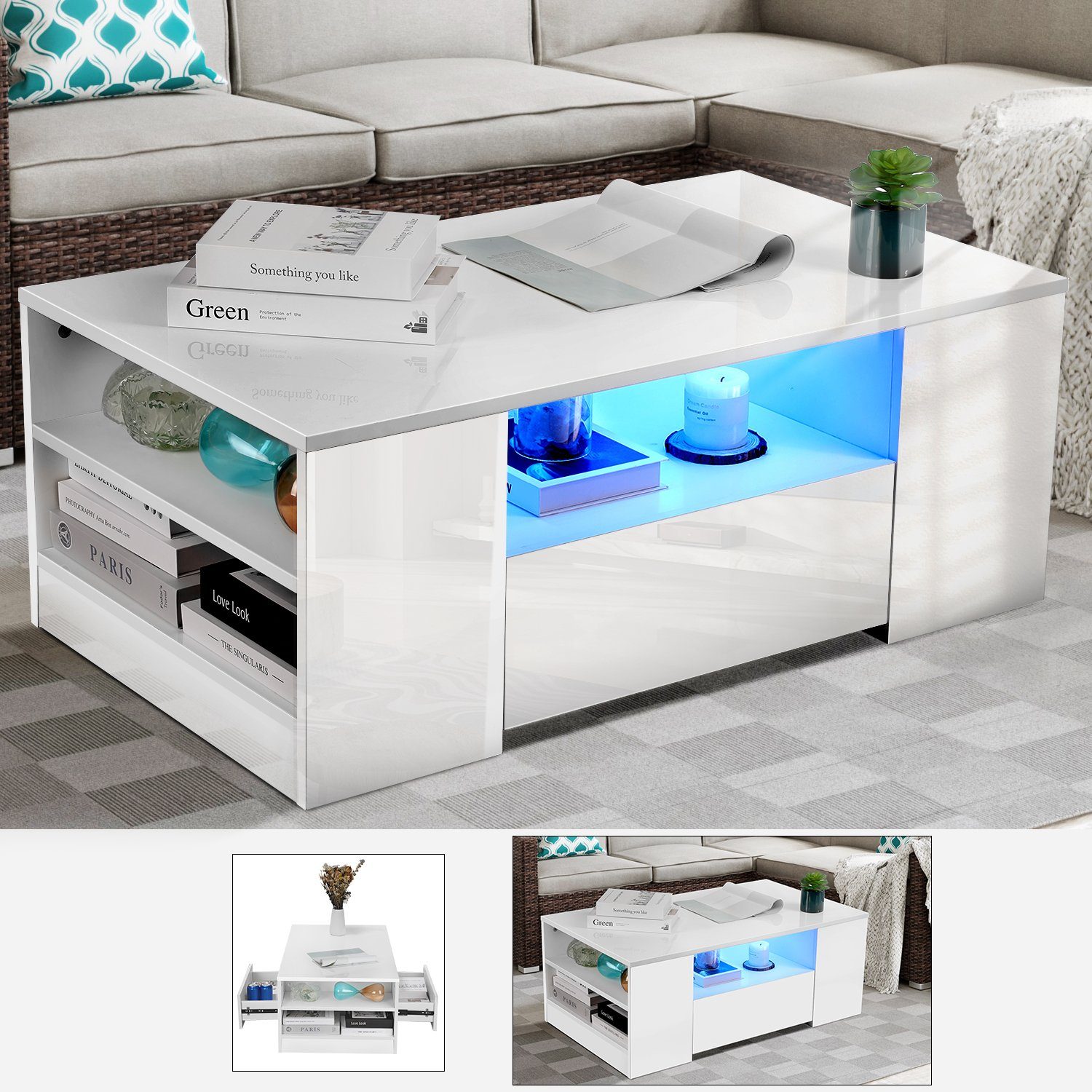 NADEUSAK LED Couchtisch Hochglanz Weiß - 90x50cm Mit Glasplatte & RGB Beleuchtung