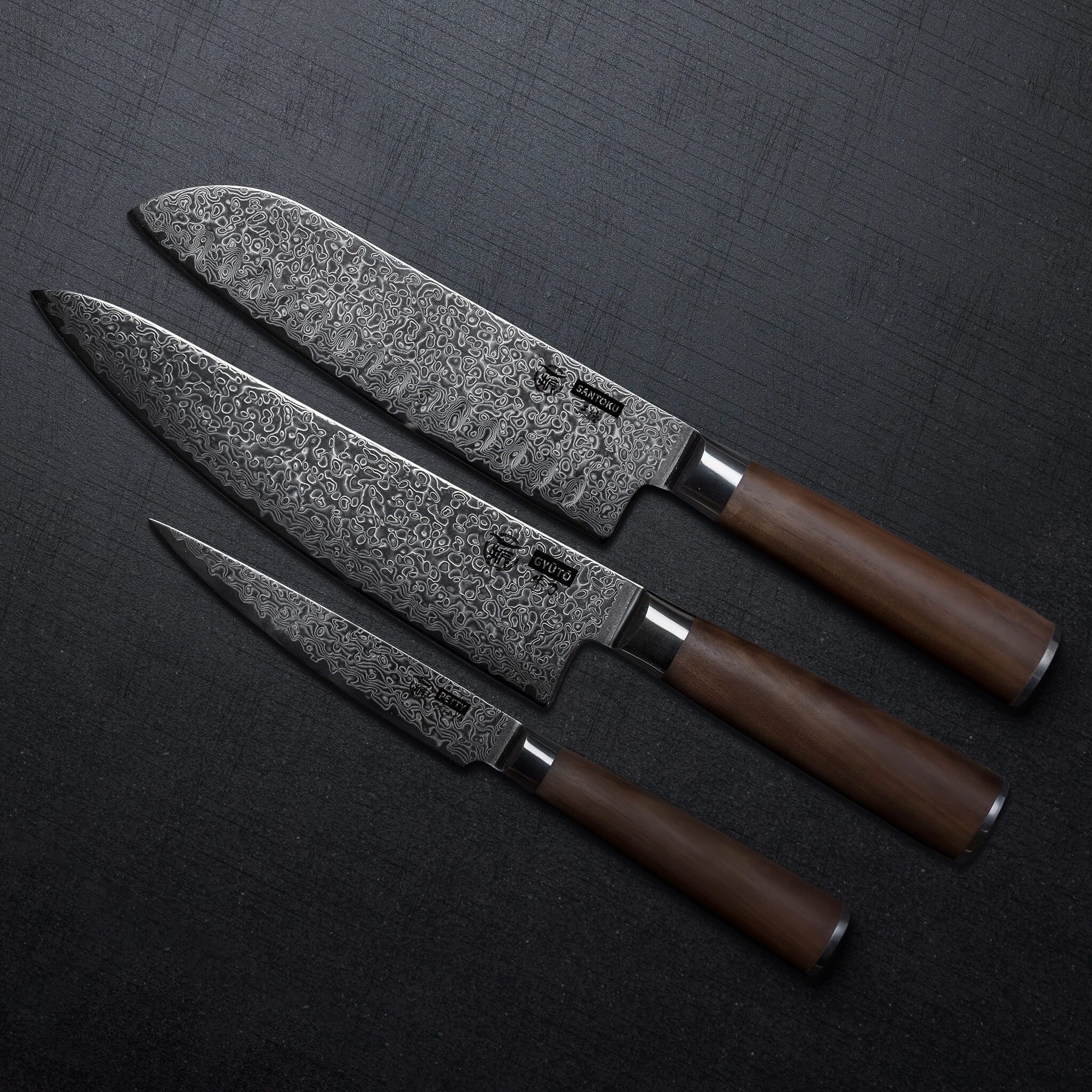 HITOFURI® Damastmesser HITOFURI® OSAKA SET 3tlg Damaskusmesser Universalmesser Premium Messer, inkl. einer edlen Holzbox, Messerscheide, Pflegetuch sowie Pflege – Bild 5 von 5