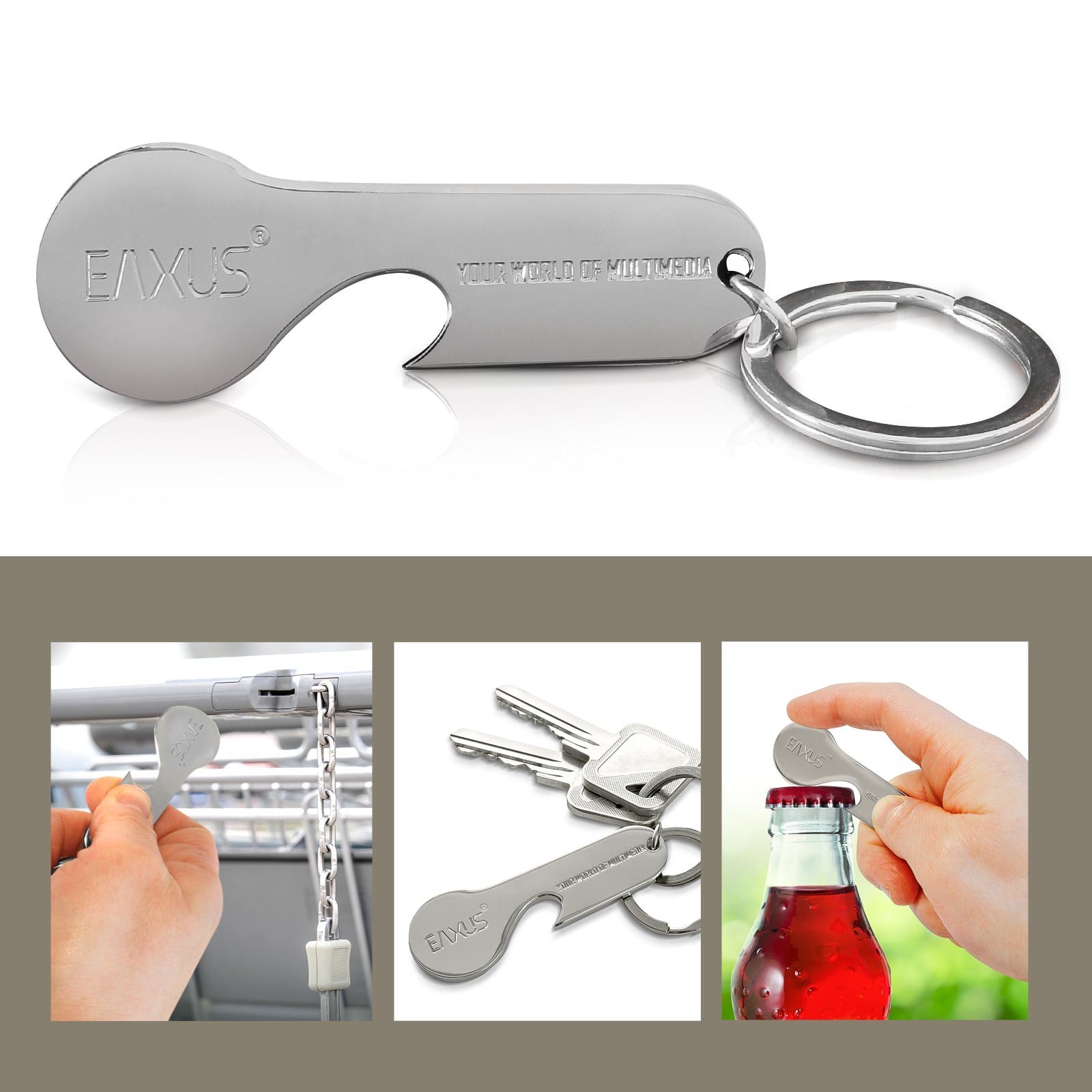 EAXUS Schlüsselanhänger Einkaufswagenlöser aus Edelstahl - Abziehbarer Einkaufschip (1-tlg), mit Hochwertigem Flaschenöffner, Silber