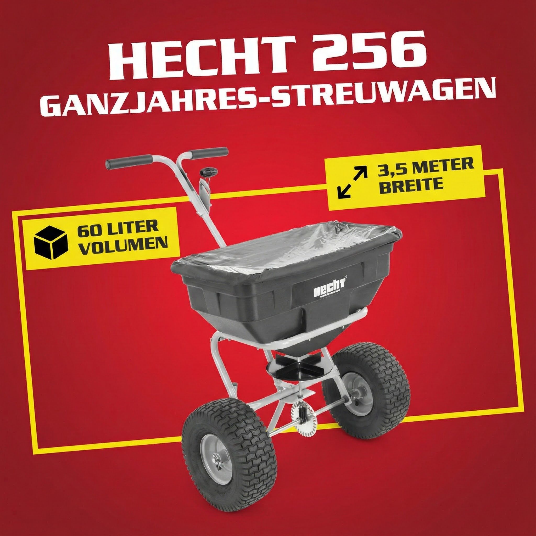Hecht Streuwagen 256 mit Grobsieb und Abdeckhaube bis 3,5 m Streubreite, 60,00 l Füllmenge, Ergonomisch, Universal
