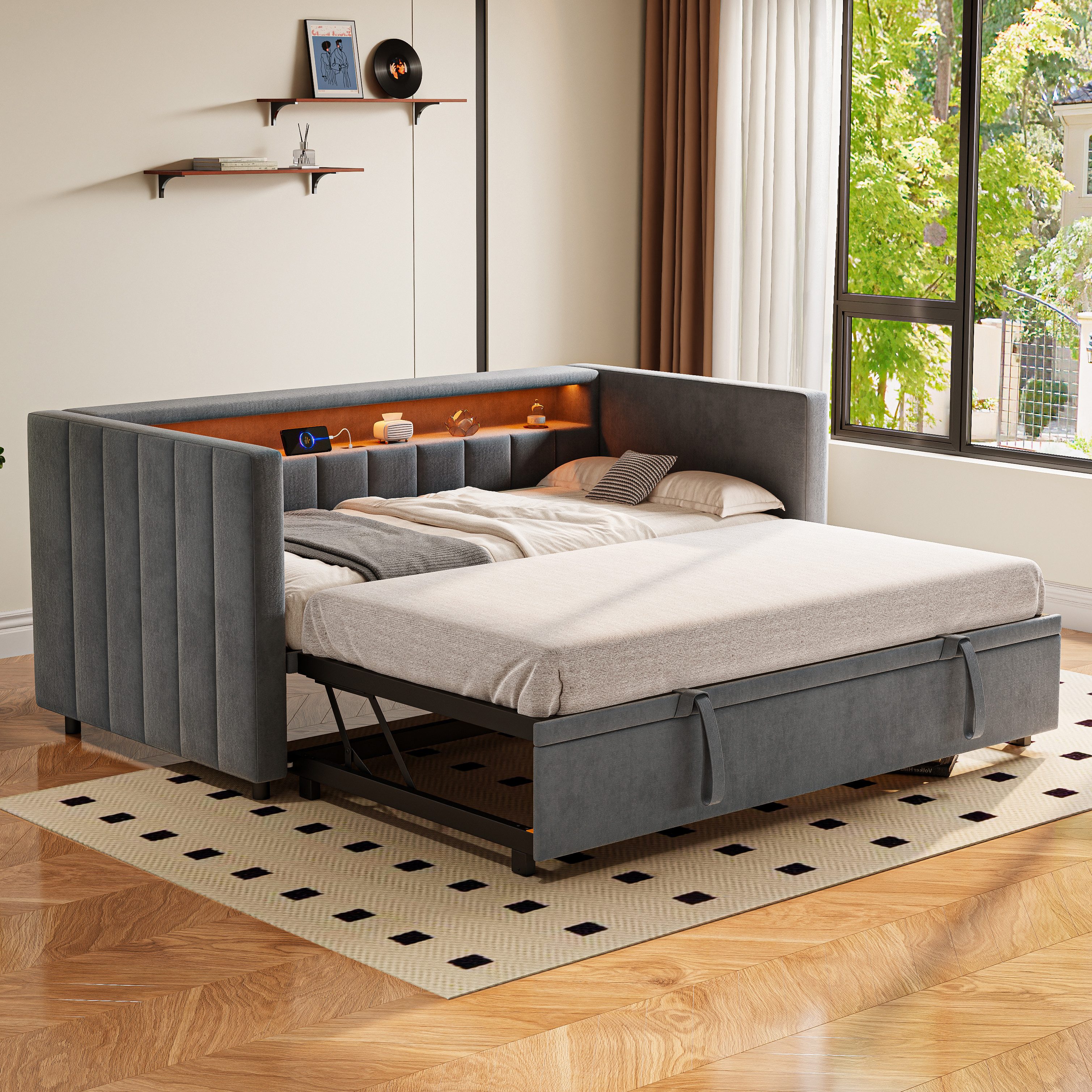 REDOM Schlafsofa mit Samtbezug, LED-Licht und integriertem Stauraum, Polsterbett Gästebett 90x190 & 180x190 cm, ohne Matratze