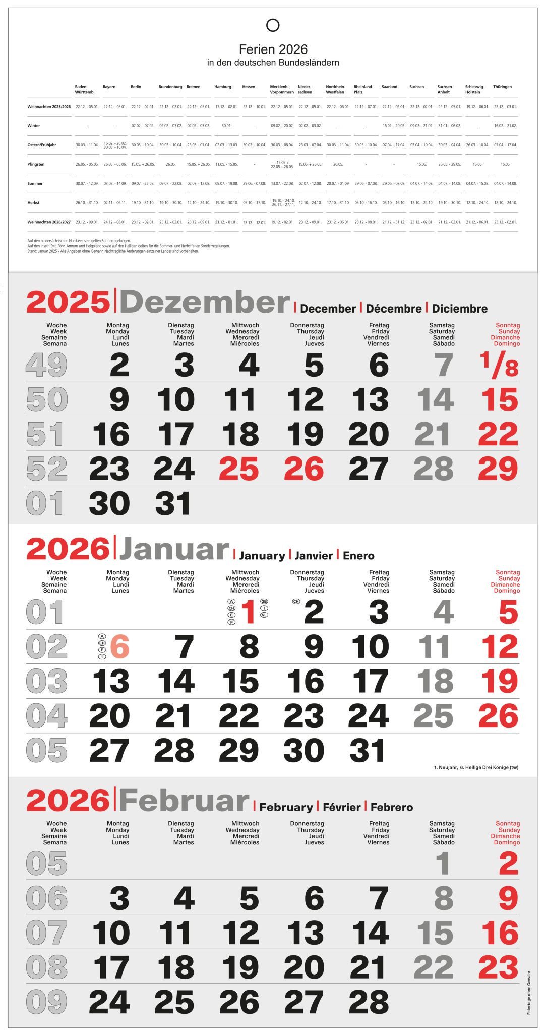ADINA Wandkalender 2026 ADINA Dreimonatskalender B4 mit Schulferien 48,5x23,5cm