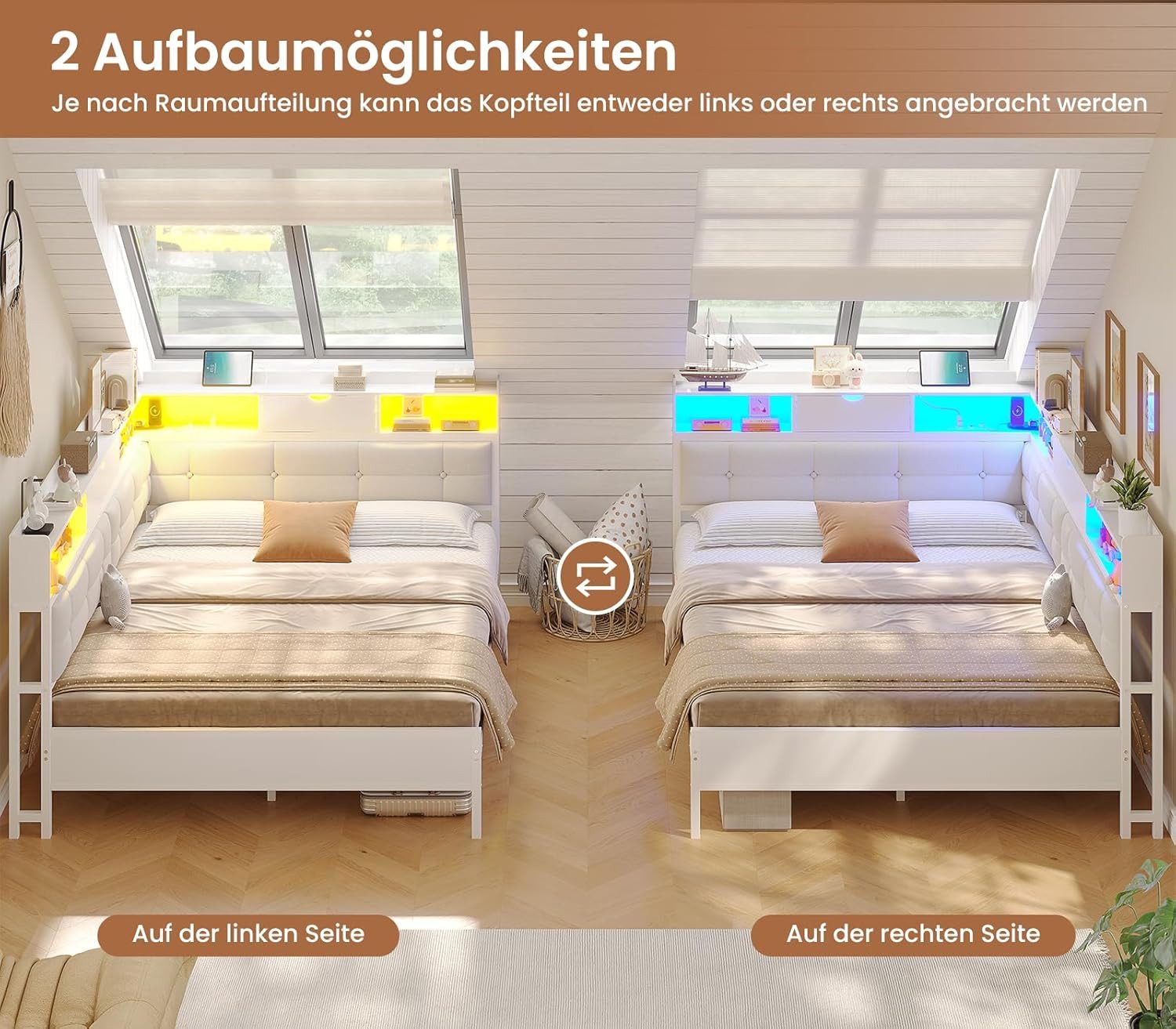 MSMASK Daybett Polsterbett Jugendbett mit LED-Beleuchtung und USB-Ladestation, Bettgestell mit Lattenrost aus Metall, 140 x 200 cm – Bild 4 von 5