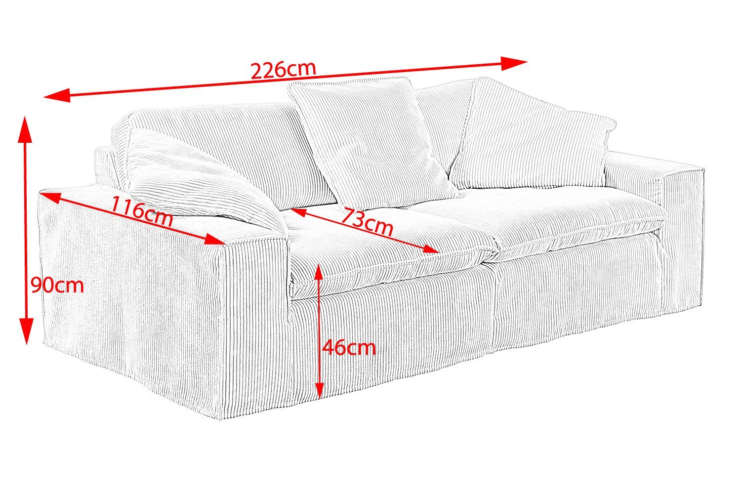 KAWOLA 3-Sitzer | Sofa dunkelgrau Cord Farben und Bezug versch. abziehbar, dunkelgrau NETTA, versch. Breiten