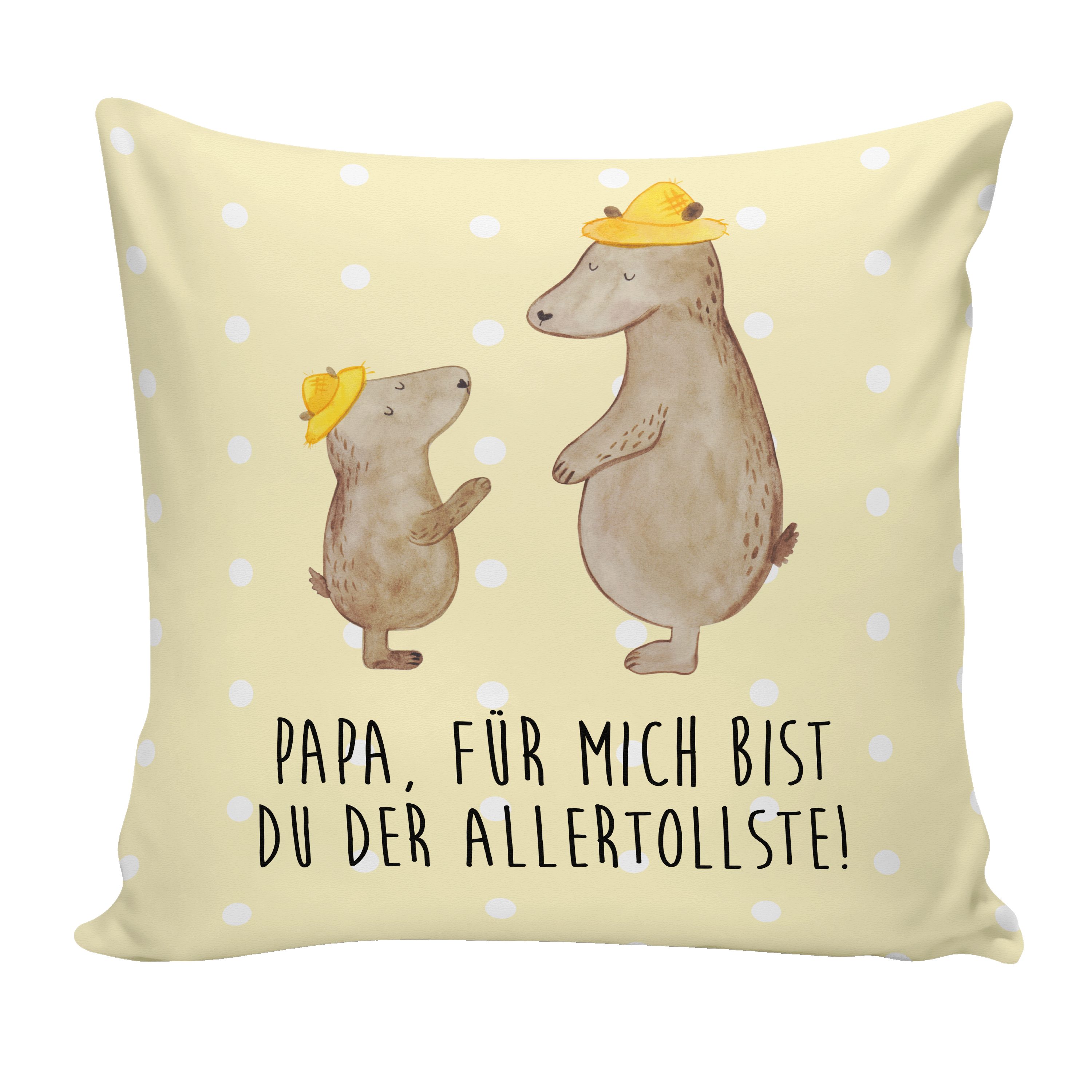 Mr. & Mrs. Panda Dekokissen mit Geschenk, Gelb Danke Bruder Bären Papa, - Pastell Vatertag, Hut 