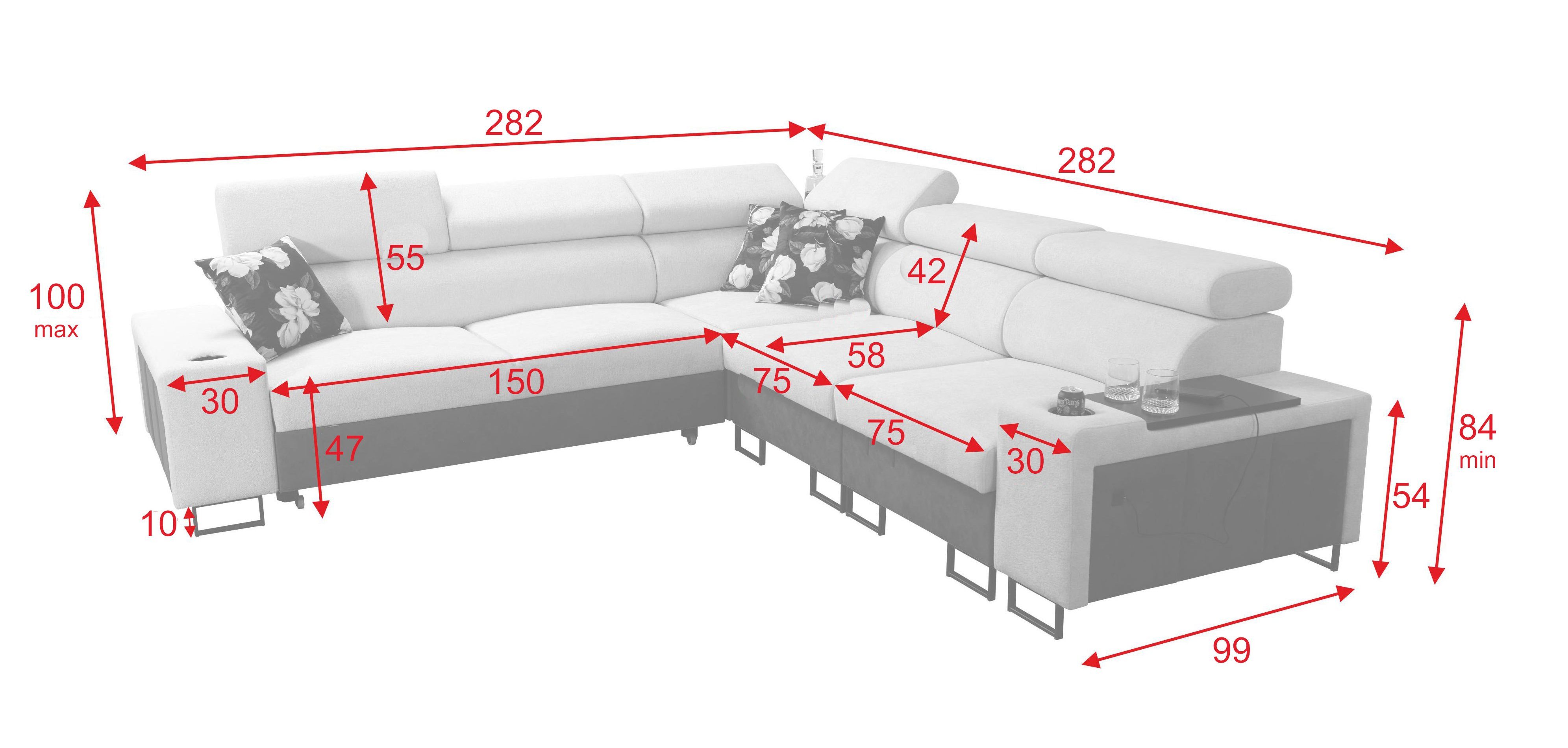Möbel für Dich Ecksofa Melody III, mit USB, Ablagen, Barfach, Schlaffunktion und 2 Bettkästen