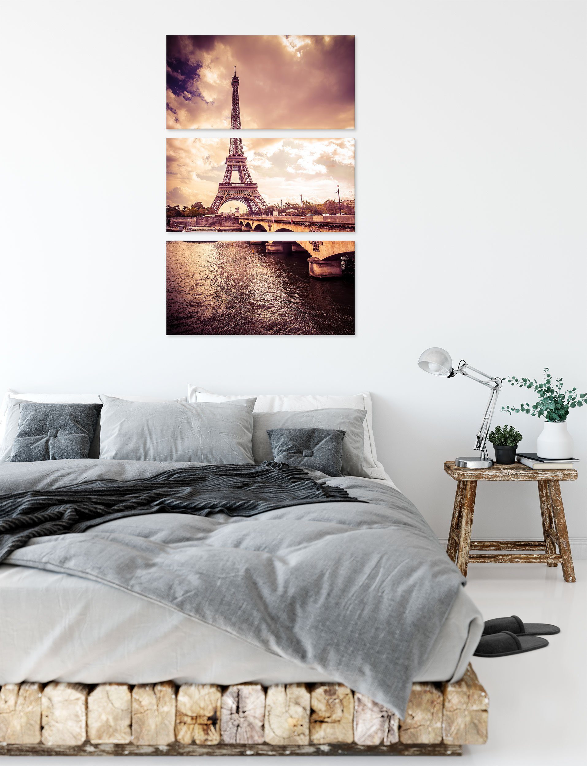 in Leinwandbild (120x80cm) Paris in 3Teiler inkl. Paris, Pixxprint Eiffelturm fertig St), bespannt, Eiffelturm Zackenaufhänger (1 Leinwandbild