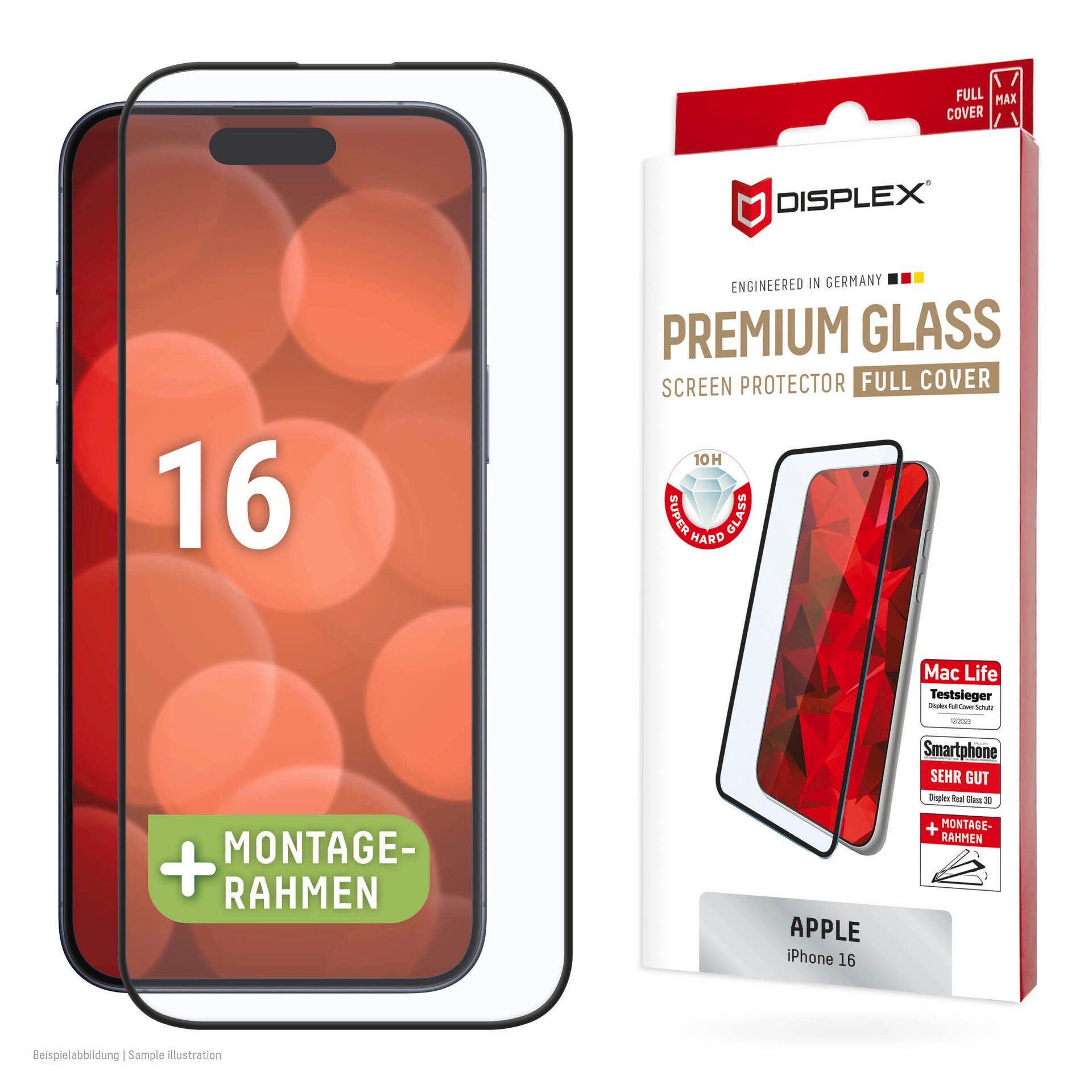 Displex Displayschutzglas Premium Glass Full Cover für Apple iPhone 16, 1 Stück, Displayschutzfolie, Schutzfolie, Bildschirmschutz, kratz- & stoßfest