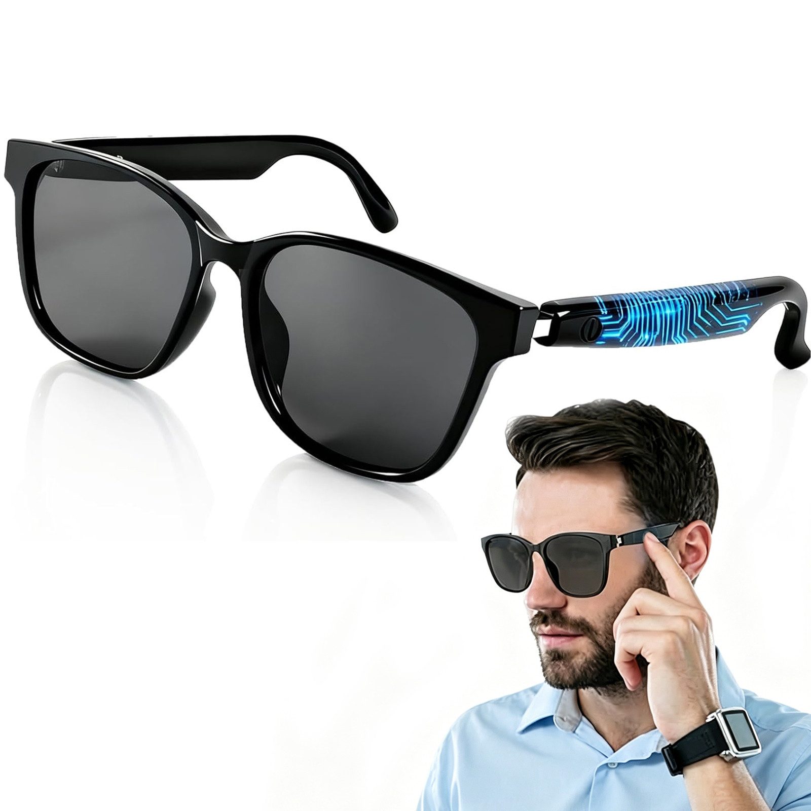 MOPUEA Sonnenbrille Bluetooth Smart Sonnenbrille mit Open-Ear Kopfhörer, UV-Schutz (Bluetooth Audio Sonnenbrille 2-in-1, Smart Brille mit Bluetooth 5.3, Lautsprecher & Mikrofon) Freisprechen, IPX5, Bluetooth 5.3, Dual-Mic, lange Akkulaufzeit