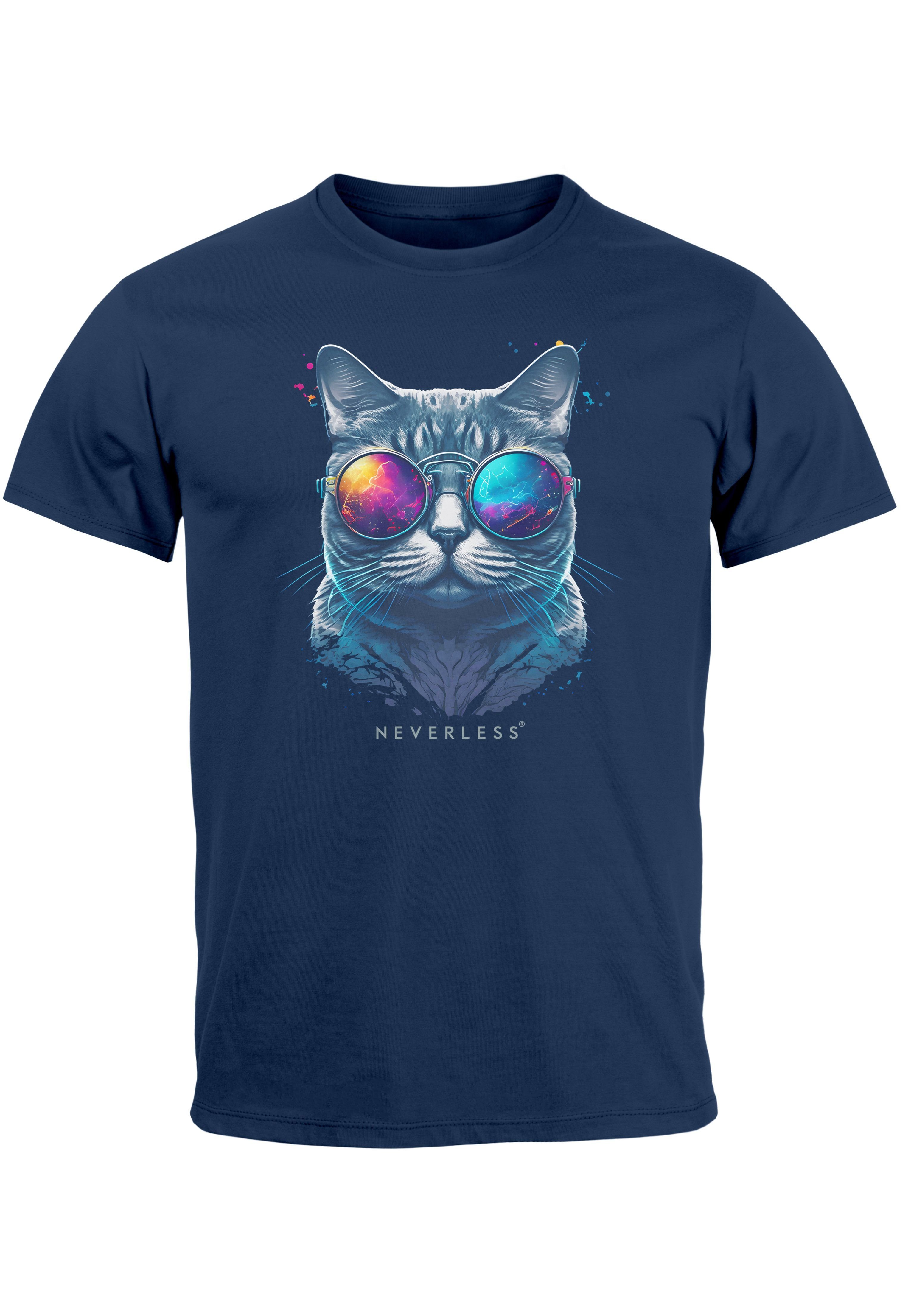 Neverless Print-Shirt Herren Pr Print Aufdruck navy Fashion Cat mit T-Shirt Style Katze Sonnenbrille Sommer
