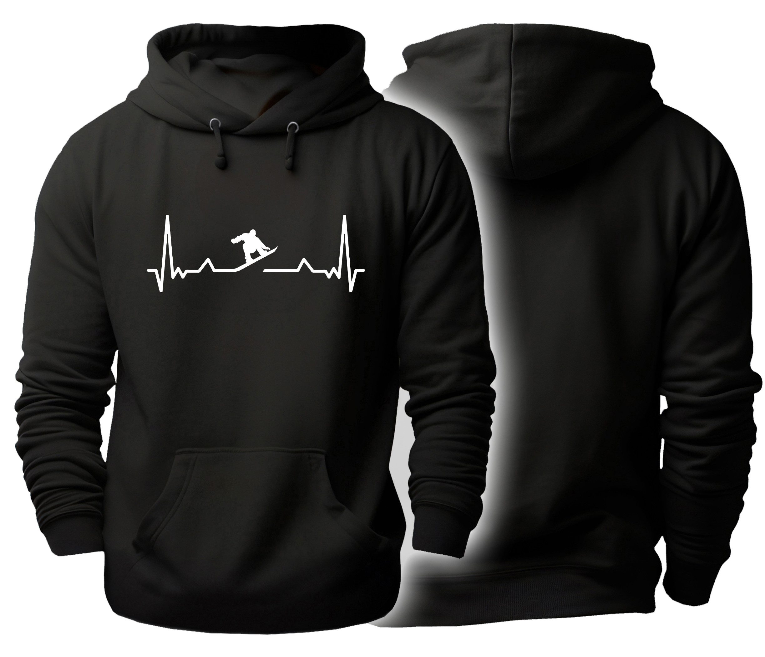 MyDesign24 Hoodie Kapuzen Pullover - Herzschlaglinie mit Snowboarder schwarzer Kapuzensweater Gr.XS i598