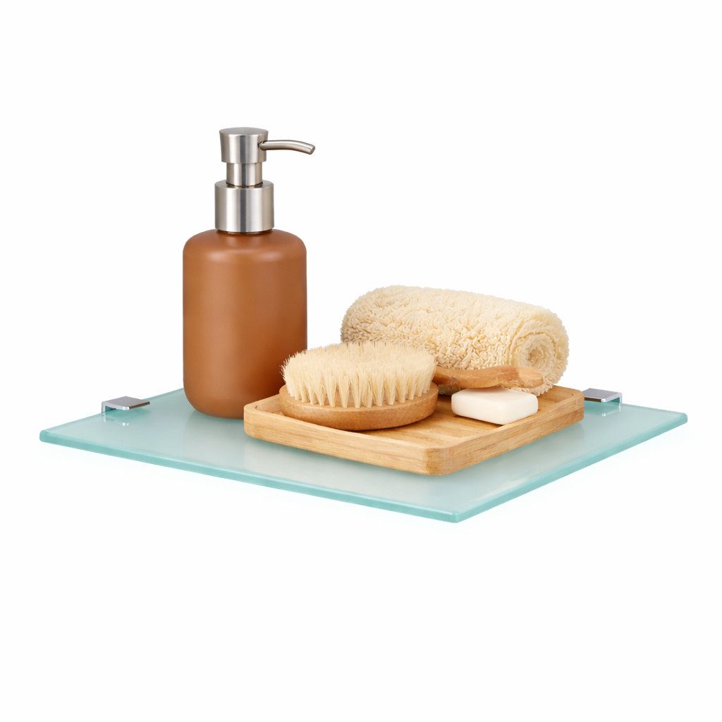 HOOZ Eckregal Glasregal Eckablage ESG – 6 mm, quadratisches Duschregal mit Halterung, Eckregal, Platzsparende Glasablage für Dusche, Bad, Küche oder Wohnraum