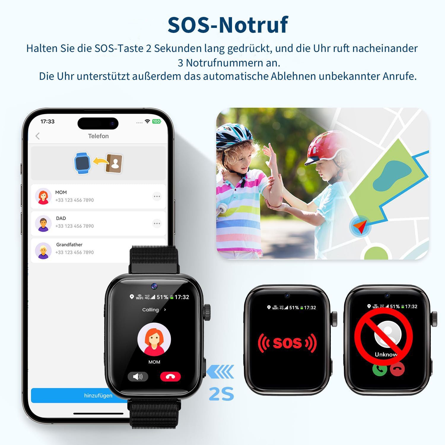 SWGOTA 4G Kinder Smartwatch mit Telefonfunktion und GPS, SOS,Zwei-Wege-Anrufe Smartwatch, Kindersmartwatch mit WLAN, Bildkompetenz für 4–12 Jungen und Mädchen – Bild 4 von 5