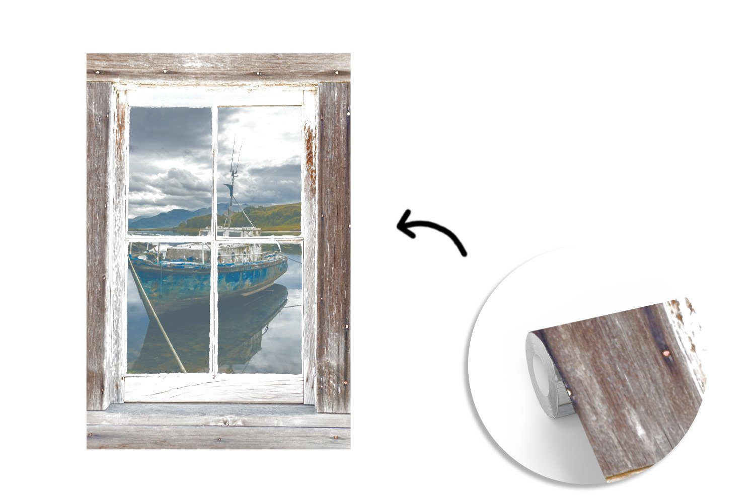 St), Montagefertig Vinyl Boot Wandtapete (3 MuchoWow Transparent bedruckt, Holz, für Wohnzimmer, Matt, - - Tapete Fototapete