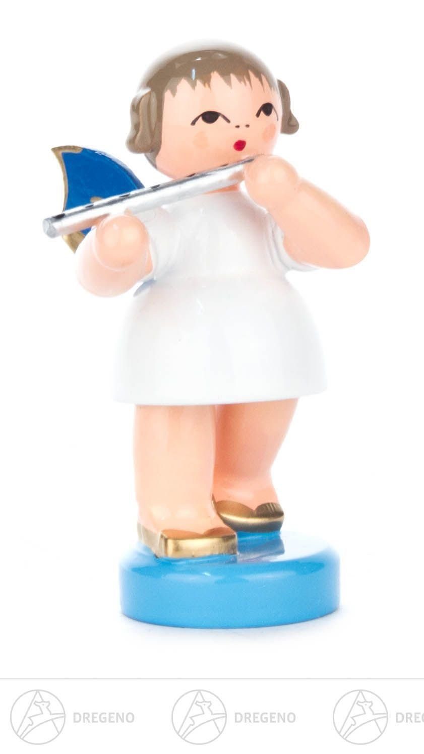 Dregeno Erzgebirge Engelfigur Engel mit Querflöte stehend, blaue Flüge Höhe ca 5,5 cm NEU