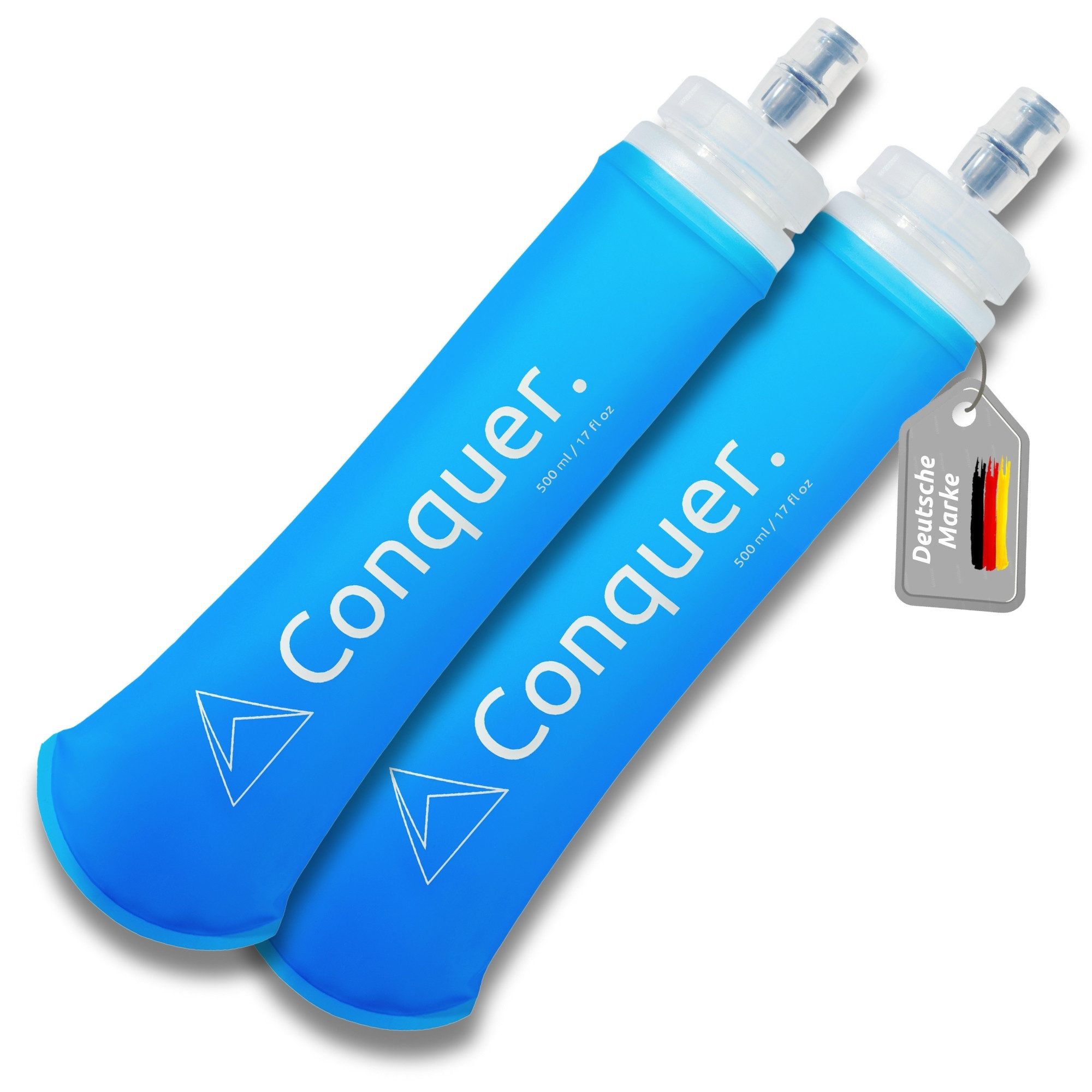 Conquer. Trinkflasche Flexibel 500ml faltbare Flasche Running, Laufen, Joggen, Bissventil, 38mm Verschluss