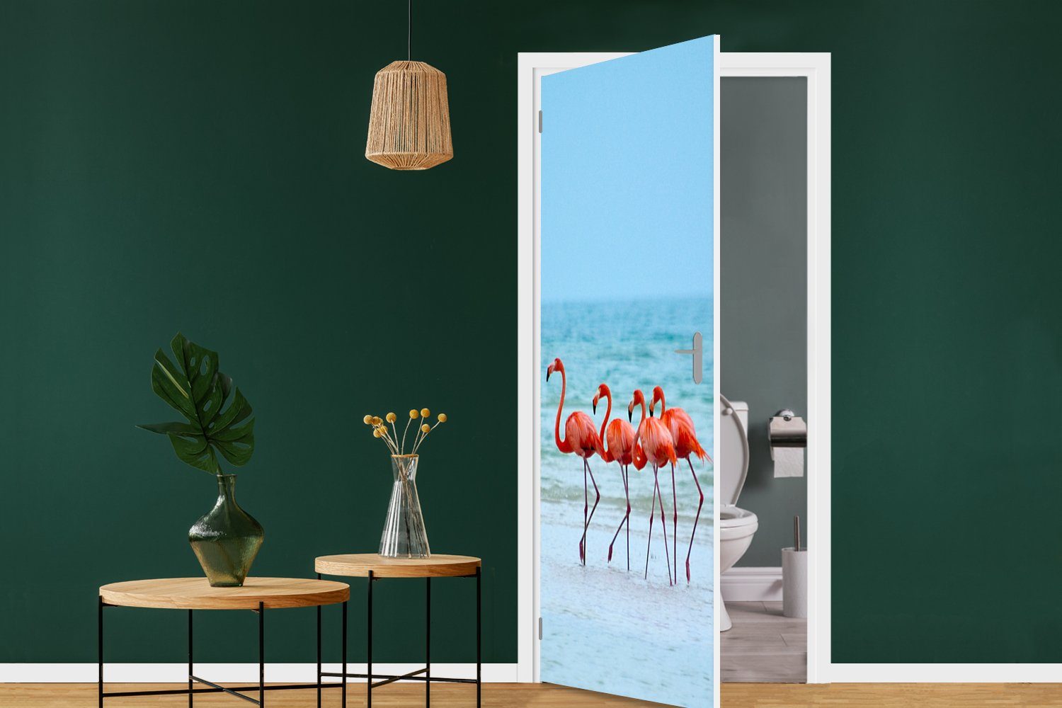 Tür, cm für Matt, Fototapete 75x205 Flamingos bedruckt, (1 spazieren im MuchoWow Türaufkleber, St), Vier Wasser, Türtapete