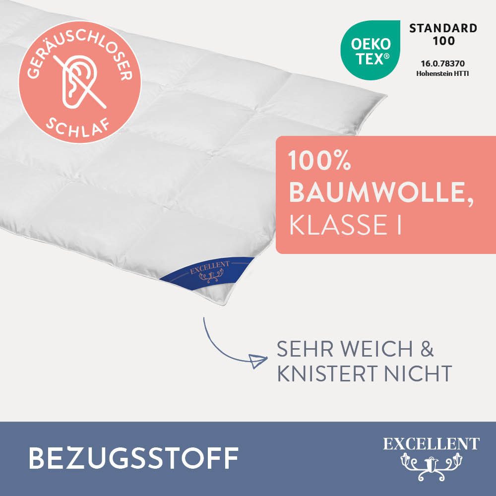 Excellent Daunenbettdecke + 3-Kammer-Kopfkissen Venedig, 2-tlg, hergestellt in Deutschland, verschiedene Größen, Füllung: Bettdecke: 90% Daunen, 10% Federn, Bezug: 100% Baumwolle, Decke mit Kissen,Set, Sommer, Winter, Bettdecke 135x200 cm, 155x220 cm
