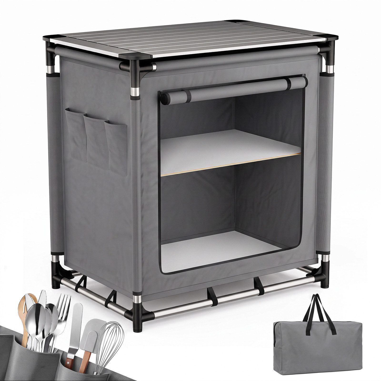 Sekey Campingschrank Faltbar Campingküche mit Aluminiumgestell und Aluminium-Arbeitsplatte Campingtisch mit 2 Fächern, leicht transportierbarer Reiseküche – Bild 2 von 5