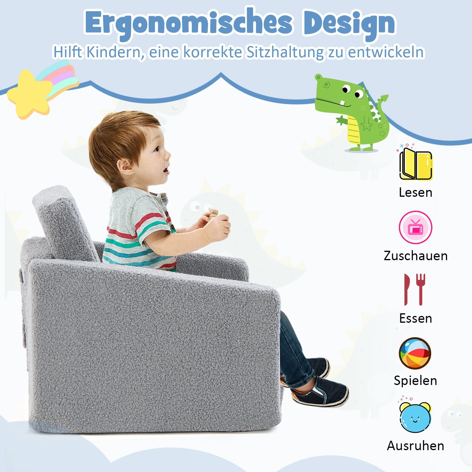 COSTWAY Kindersofa 2 in 1 Schlafsofa, 60 klappbar, grau 40cm x x 43