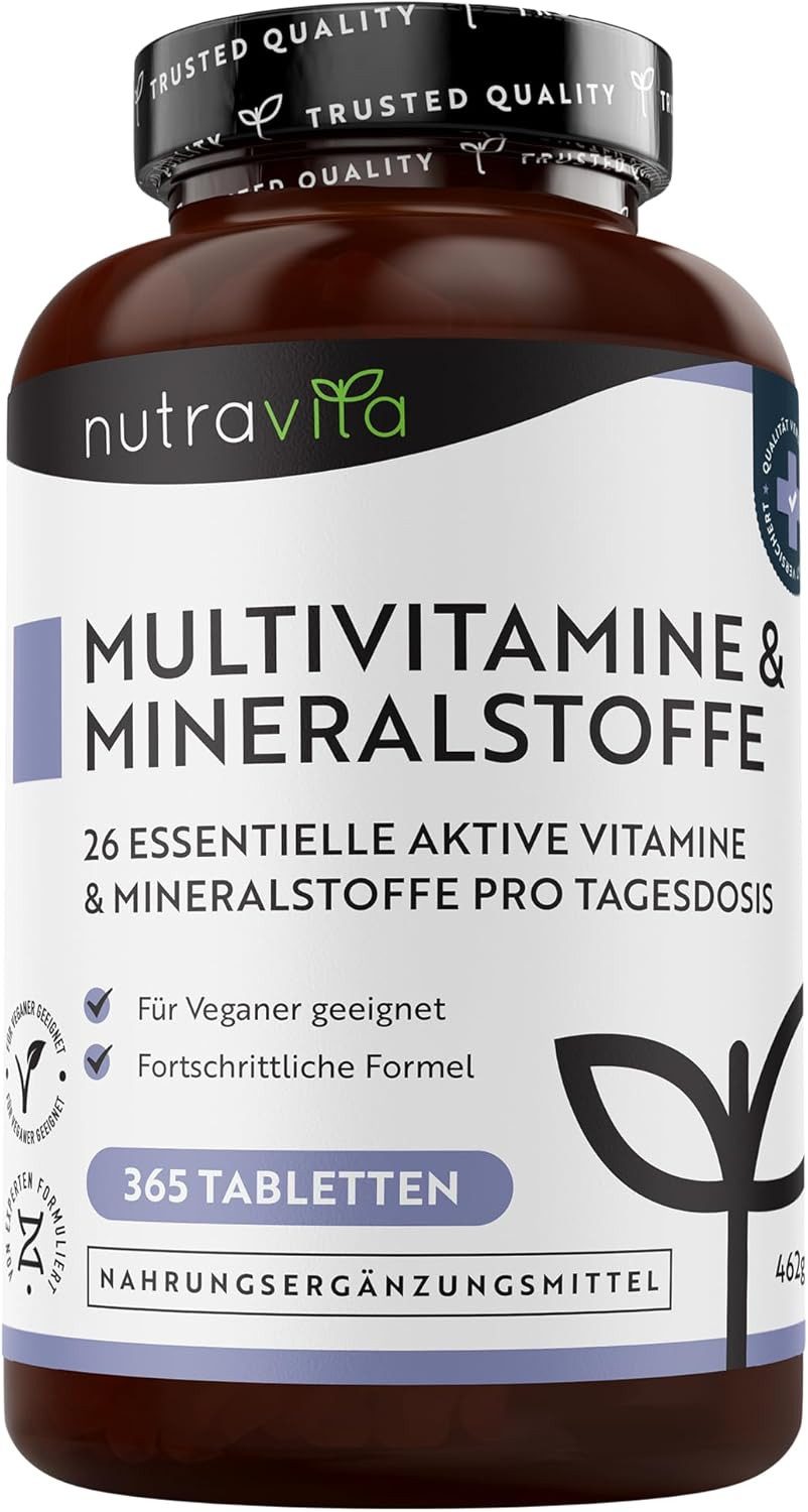 Nutravita Multivitamin & Mineralstoffe – 365 vegane Tabletten Tabletten, 1 er vegane, Multivitamintabletten mit 26 aktiven Vitamine à 365 St., 462 g, 26 Vitamine & Mineralstoffe